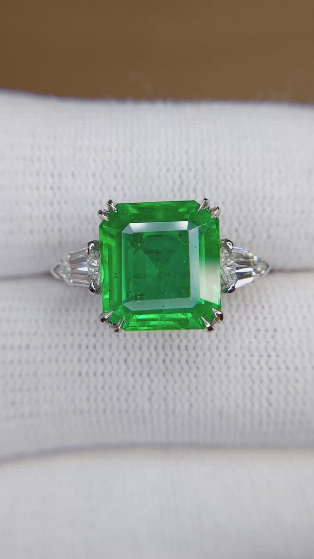 5.50 Ct. Emerald and Natural Diamond Three Stone Ring, Platinum 950 Size Video
