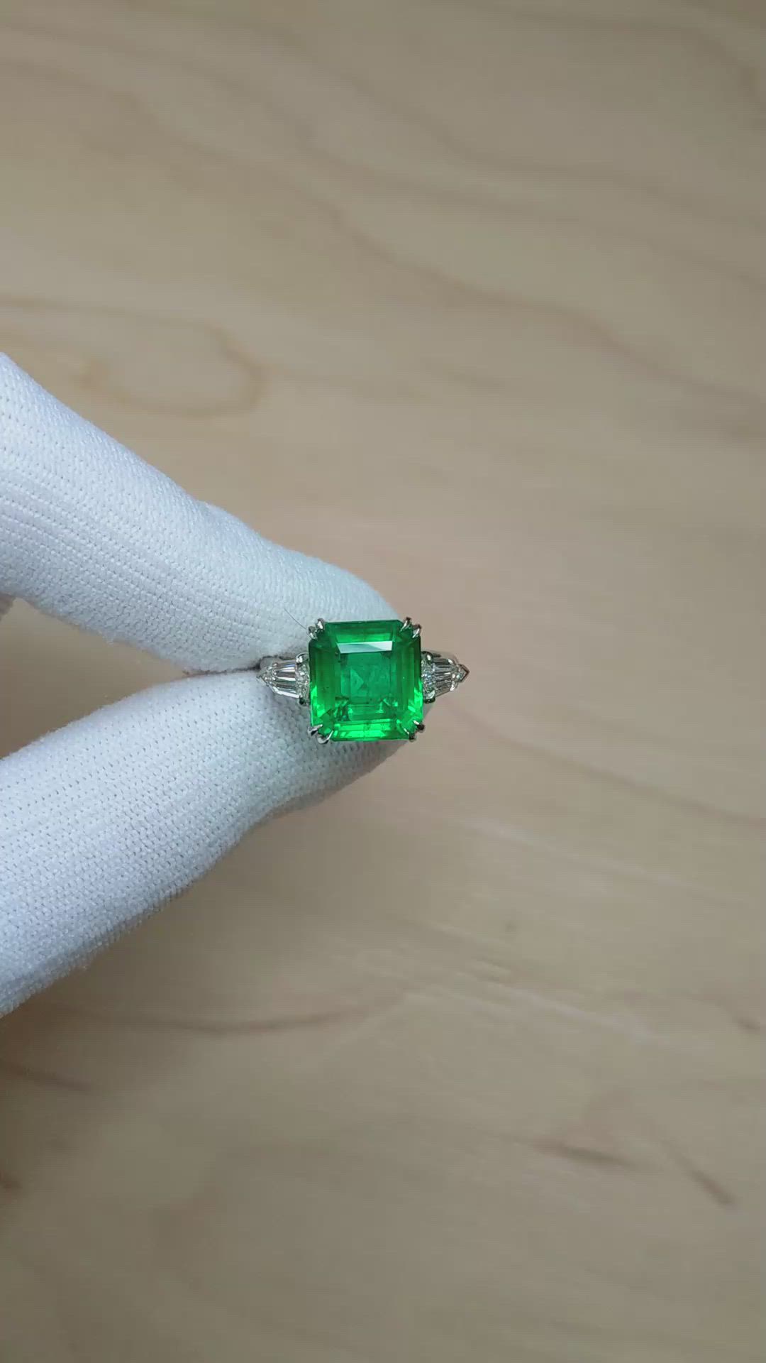 5.50 Ct. Emerald and Natural Diamond Three Stone Ring, Platinum 950 Size Video