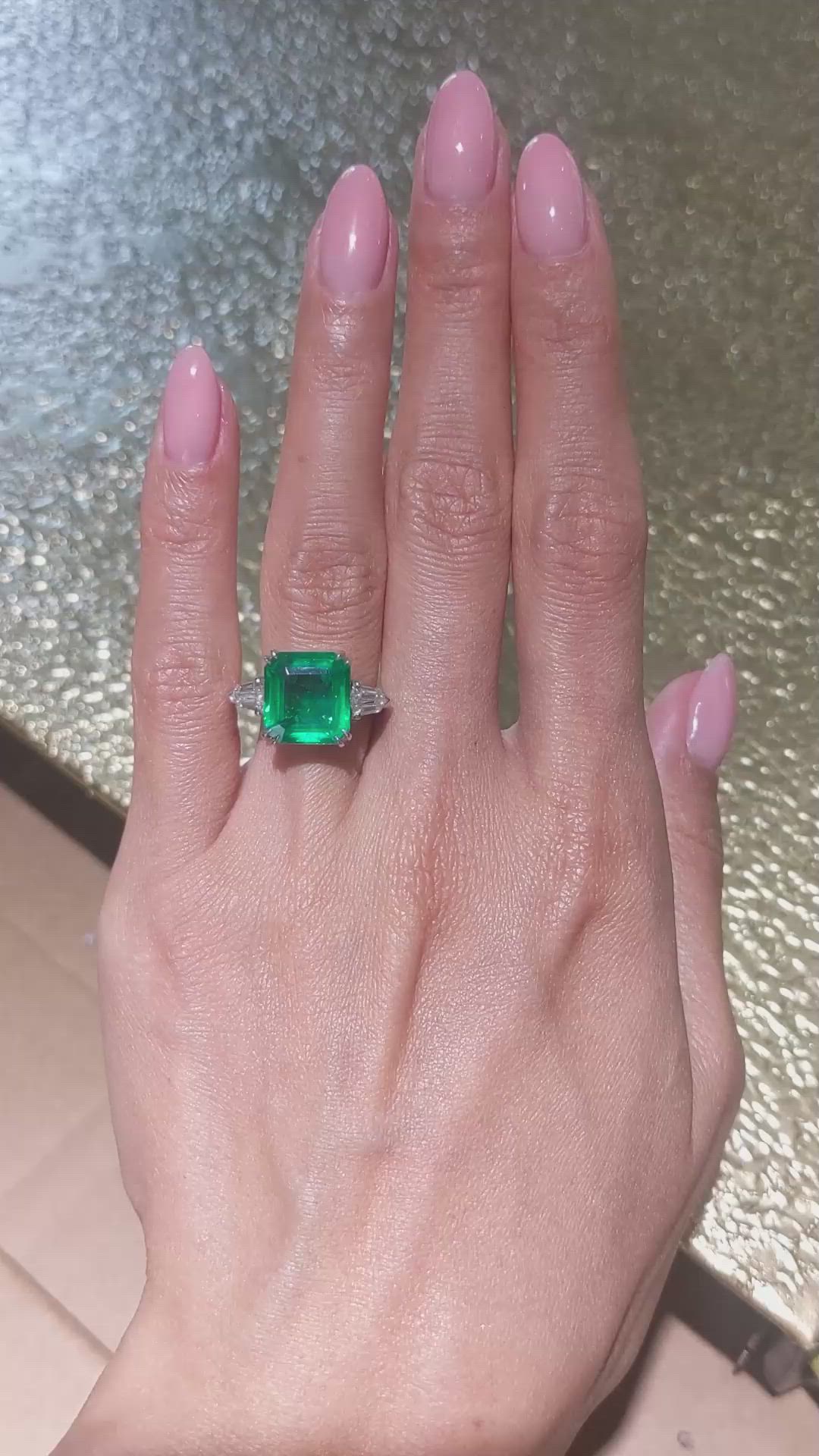 5.50 Ct. Emerald and Natural Diamond Three Stone Ring, Platinum 950 Size Video