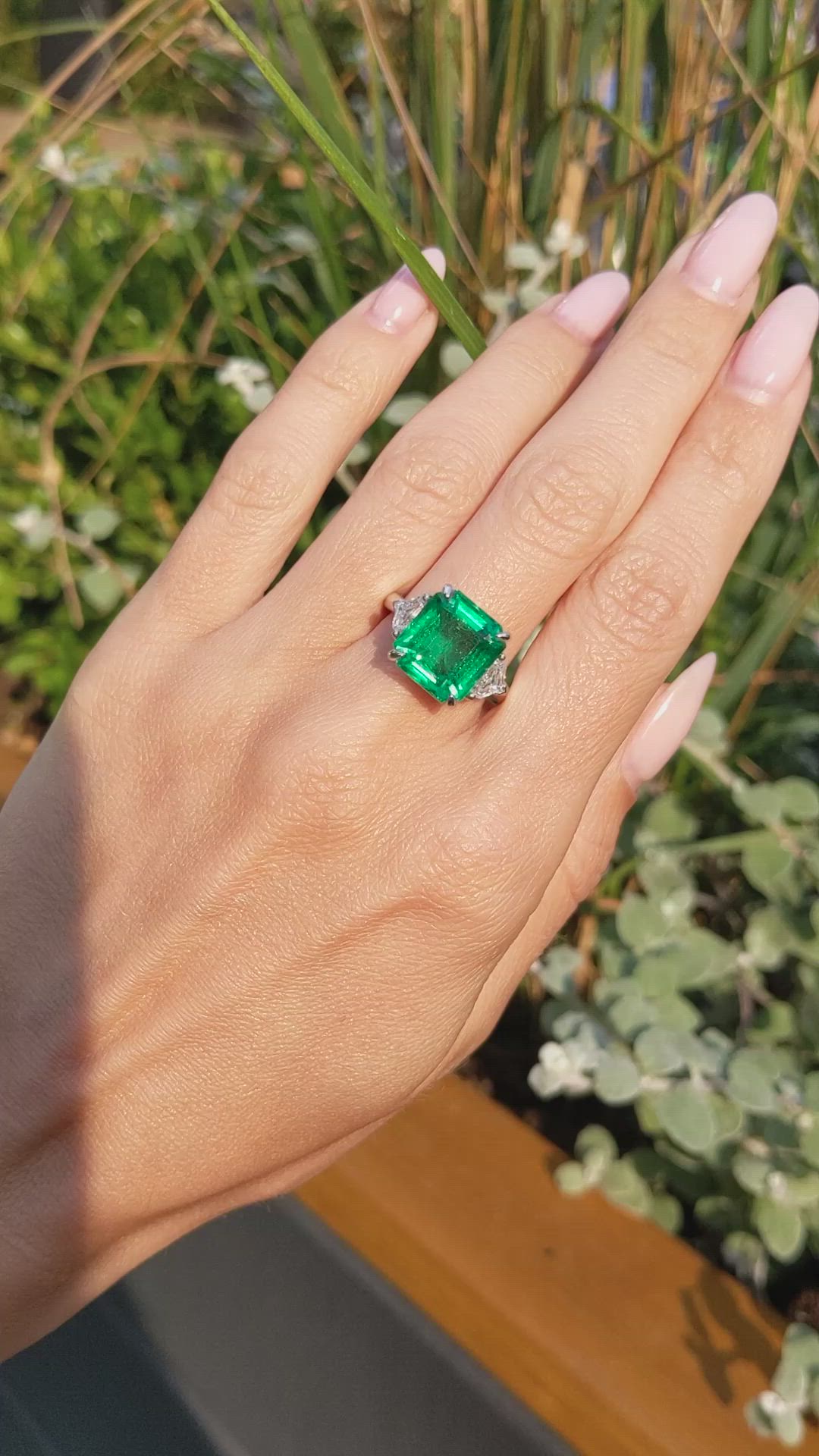 7.02 Ct. Emerald and Natural Diamond Three Stone Ring, Platinum 950 Size Video