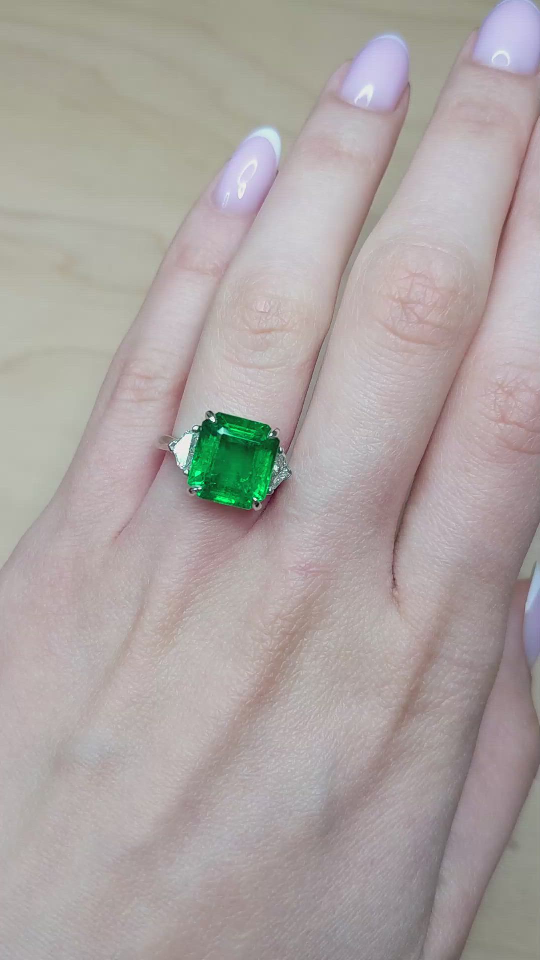 7.02 Ct. Emerald and Natural Diamond Three Stone Ring, Platinum 950 Size Video