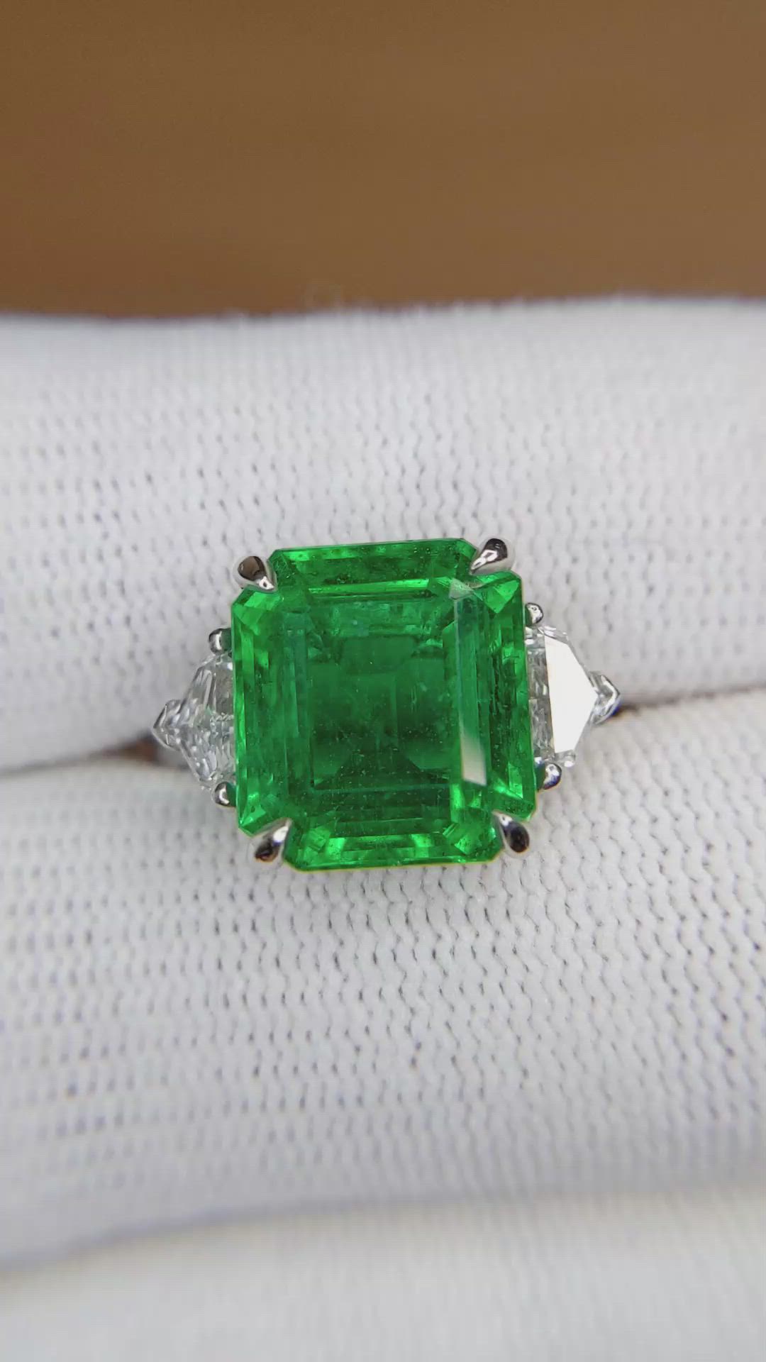 7.02 Ct. Emerald and Natural Diamond Three Stone Ring, Platinum 950 Size Video