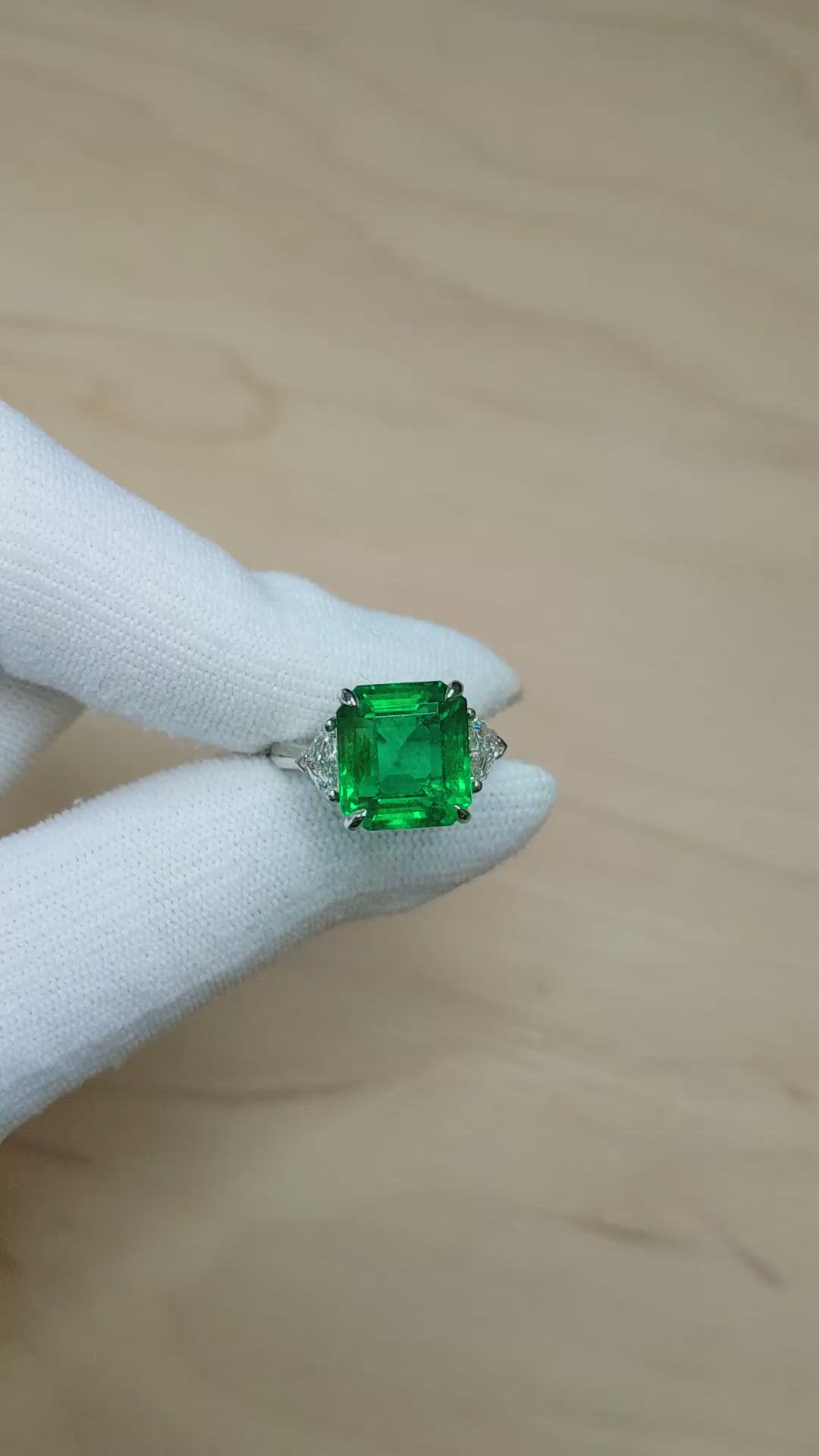 7.02 Ct. Emerald and Natural Diamond Three Stone Ring, Platinum 950 Size Video