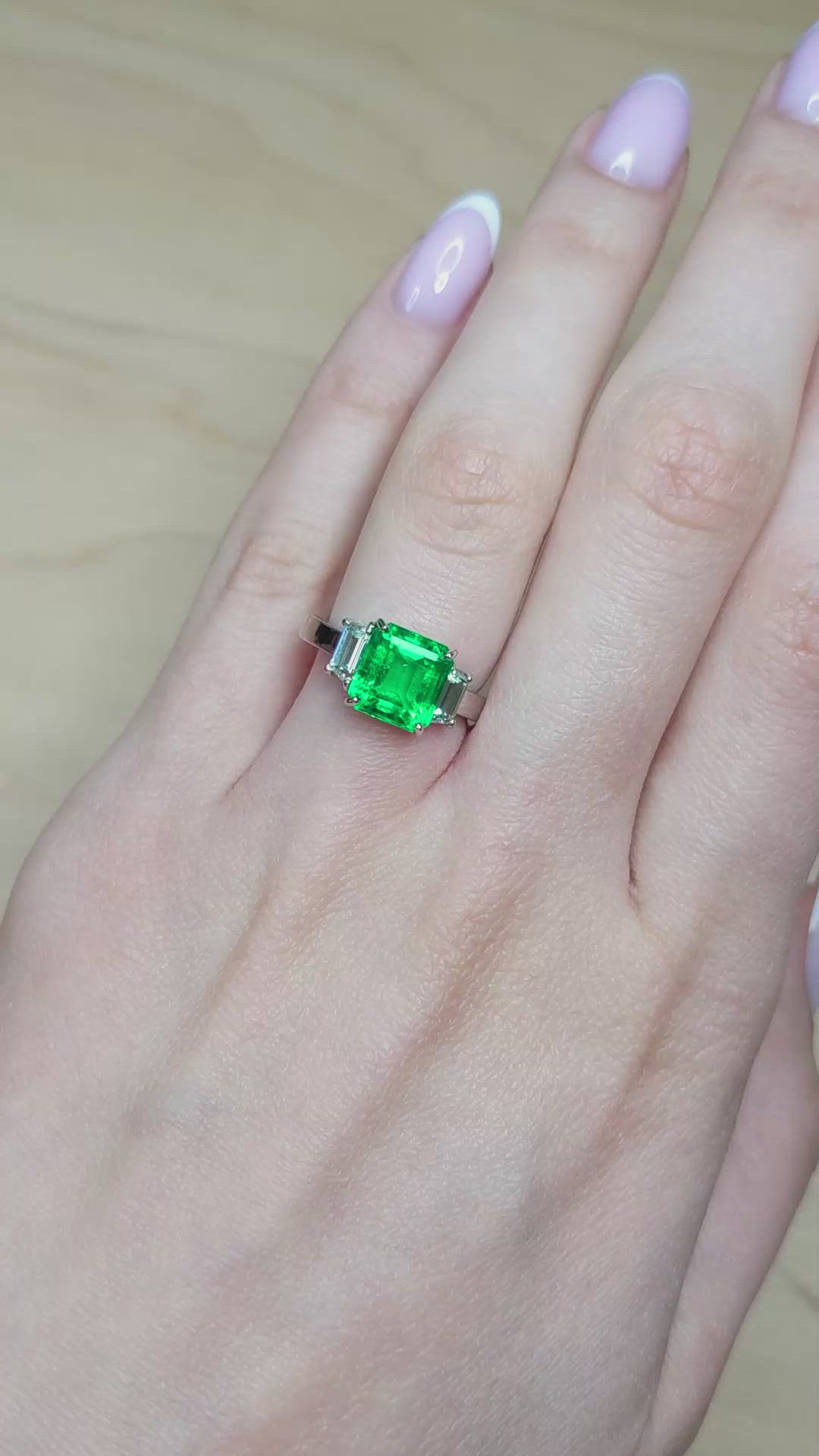 2.69 Ct. Emerald and Natural Diamond Three Stone Ring, Platinum 950 Size Video