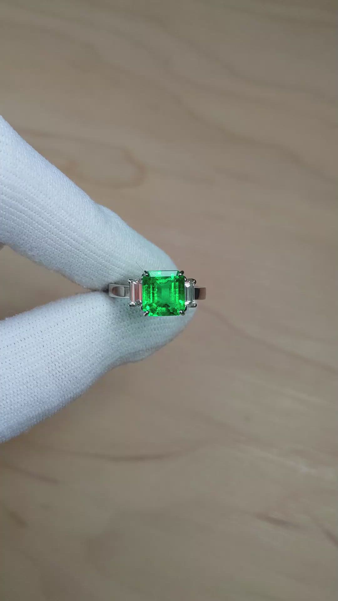 2.69 Ct. Emerald and Natural Diamond Three Stone Ring, Platinum 950 Size Video