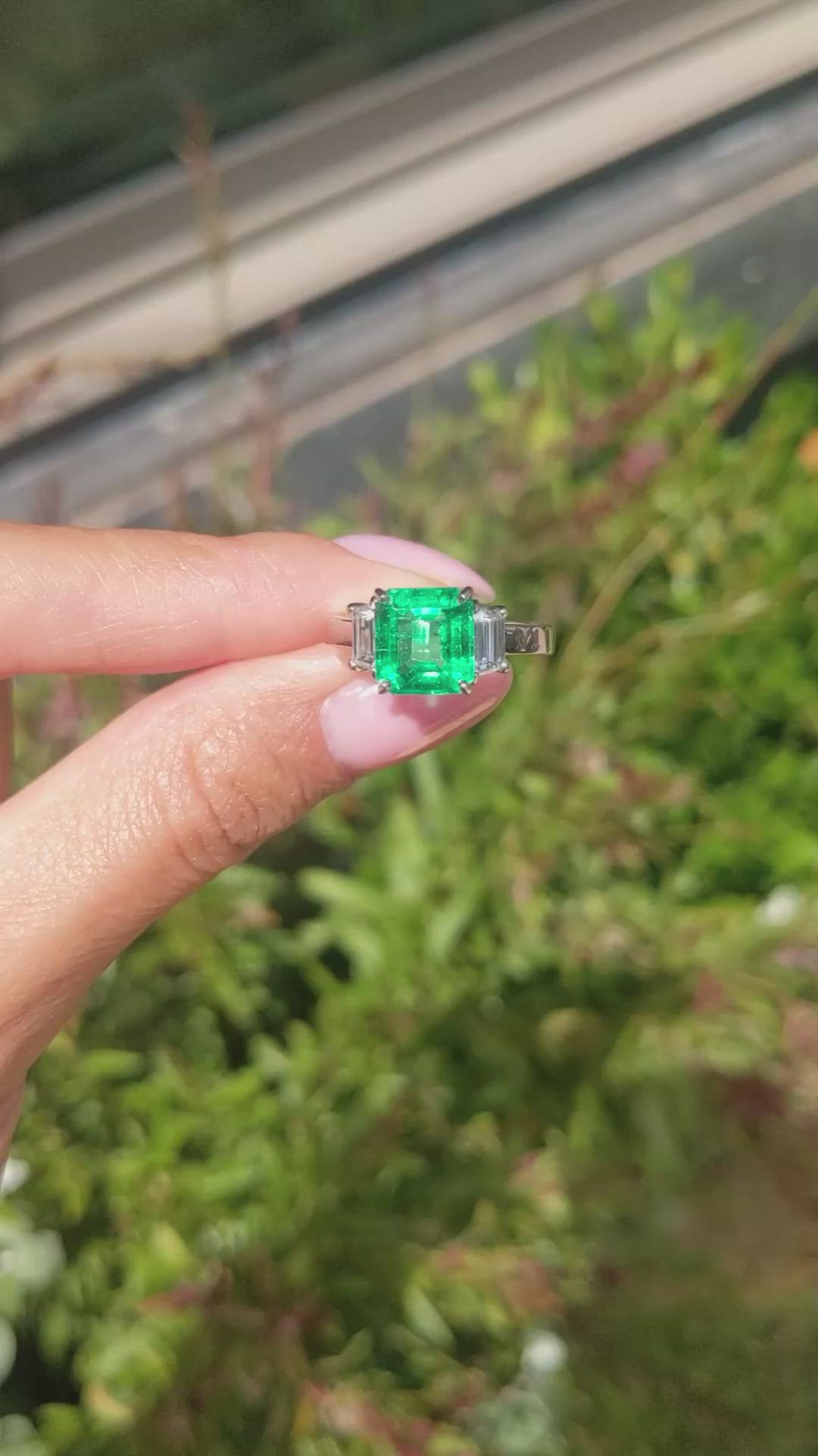 2.69 Ct. Emerald and Natural Diamond Three Stone Ring, Platinum 950 Size Video