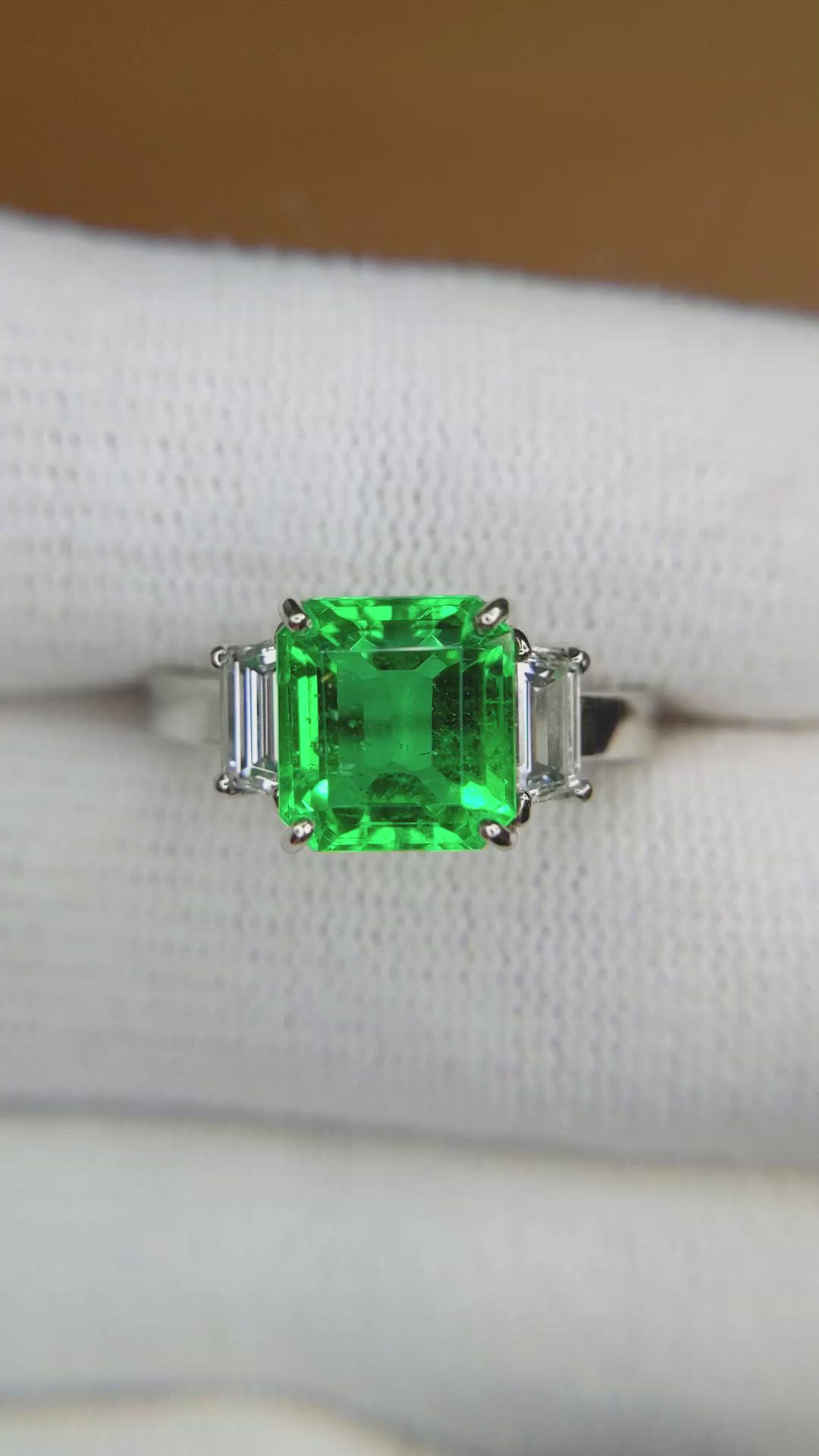 2.69 Ct. Emerald and Natural Diamond Three Stone Ring, Platinum 950 Size Video