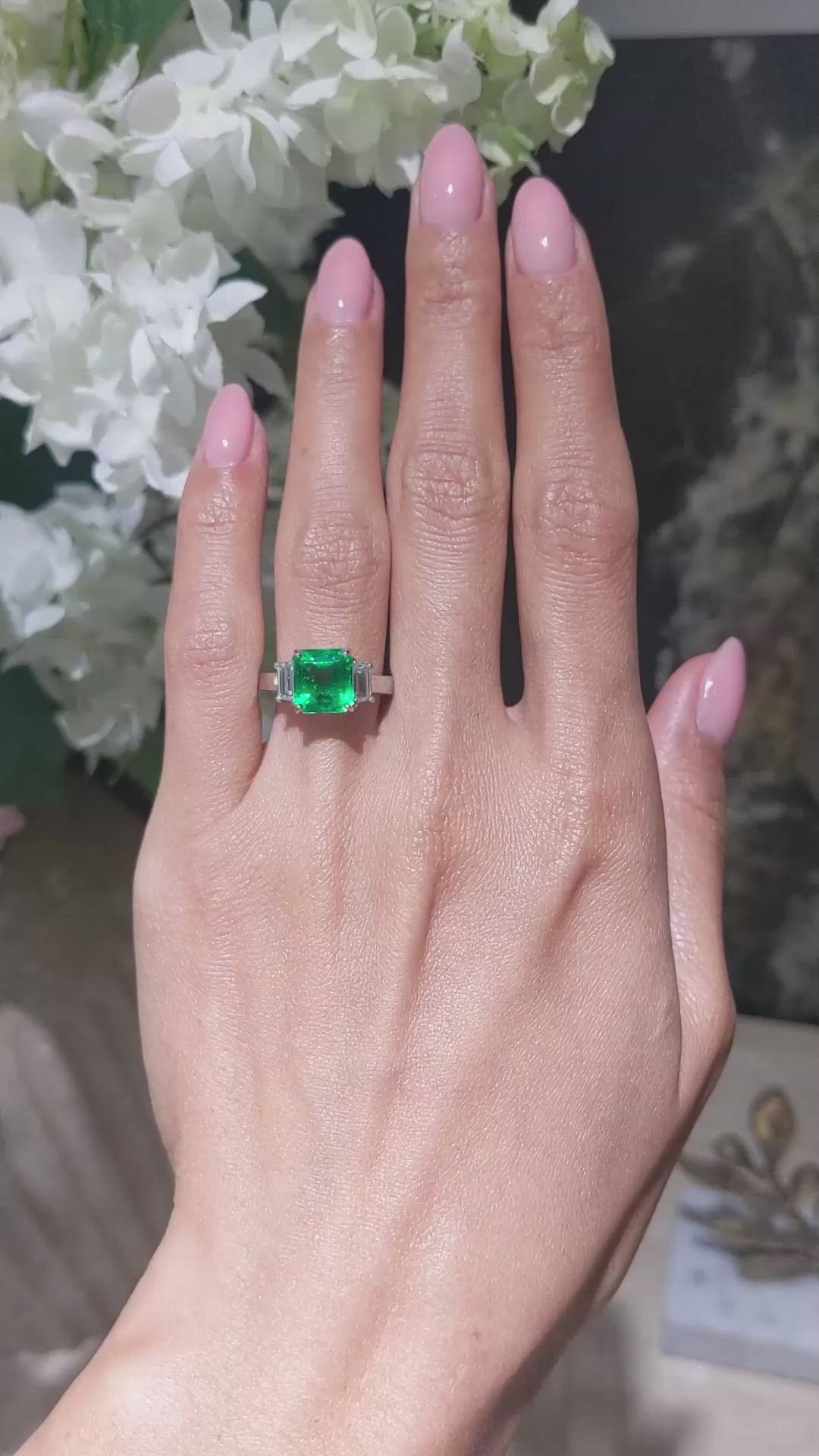 2.69 Ct. Emerald and Natural Diamond Three Stone Ring, Platinum 950 Size Video