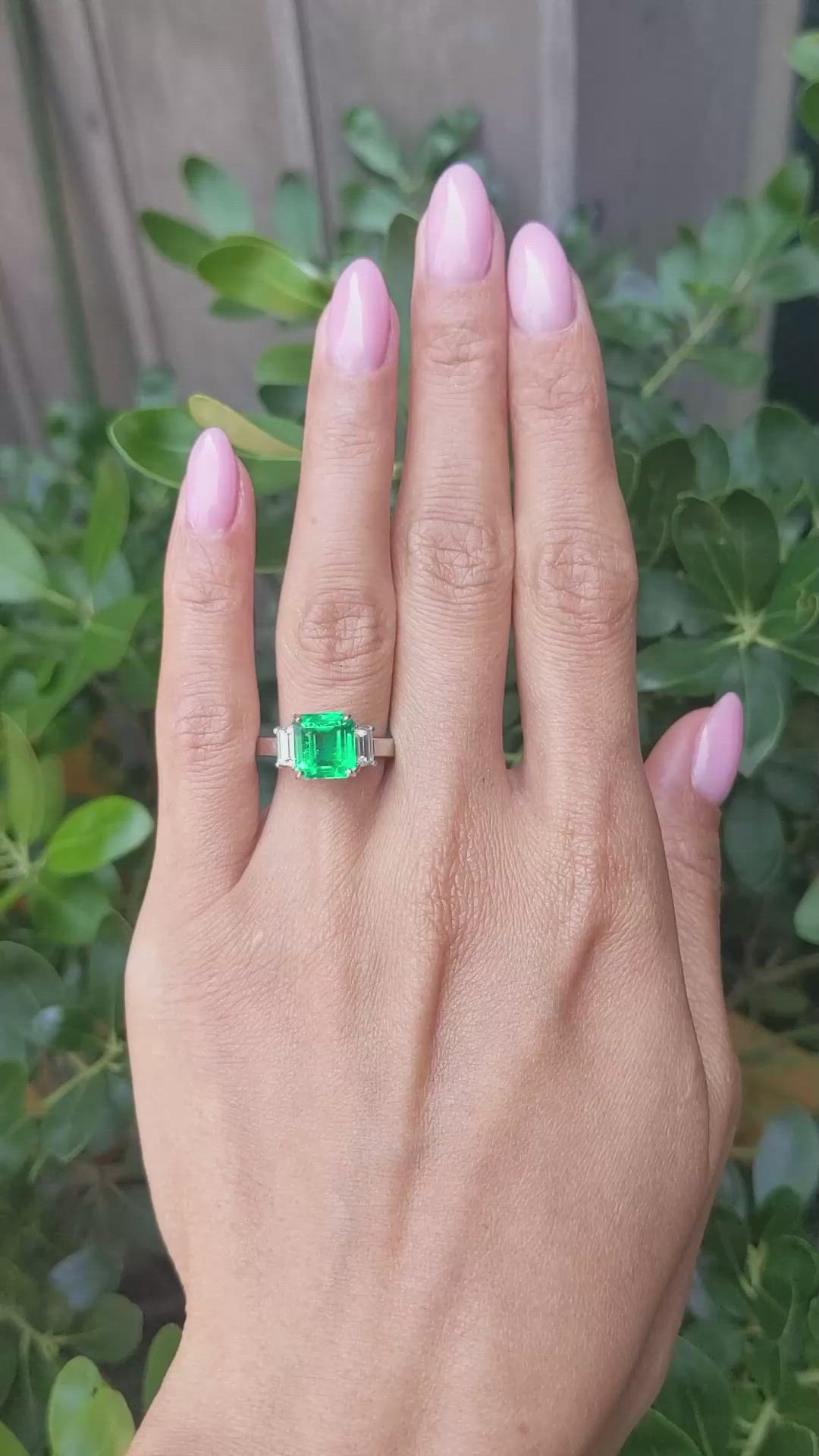 2.69 Ct. Emerald and Natural Diamond Three Stone Ring, Platinum 950 Size Video