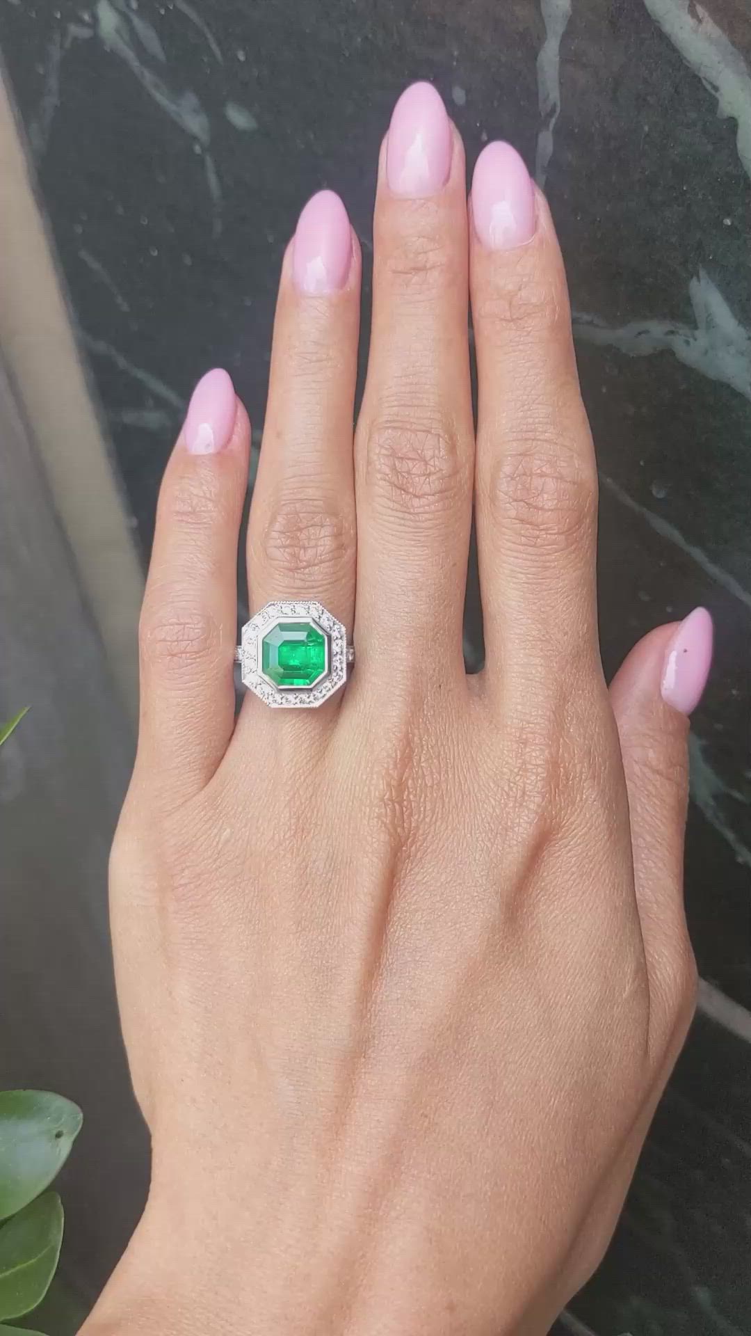 2.85 Ct. Emerald and Natural Diamond Pave Ring, Platinum 950 Size Video