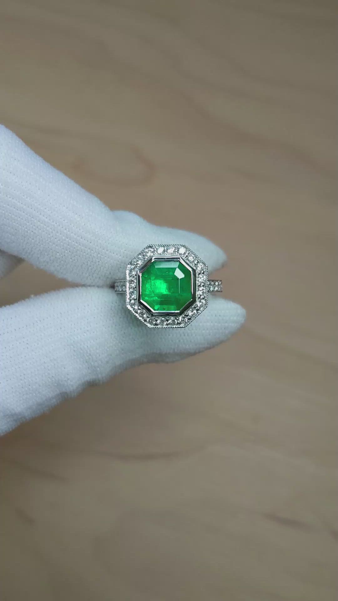 2.85 Ct. Emerald and Natural Diamond Pave Ring, Platinum 950 Size Video