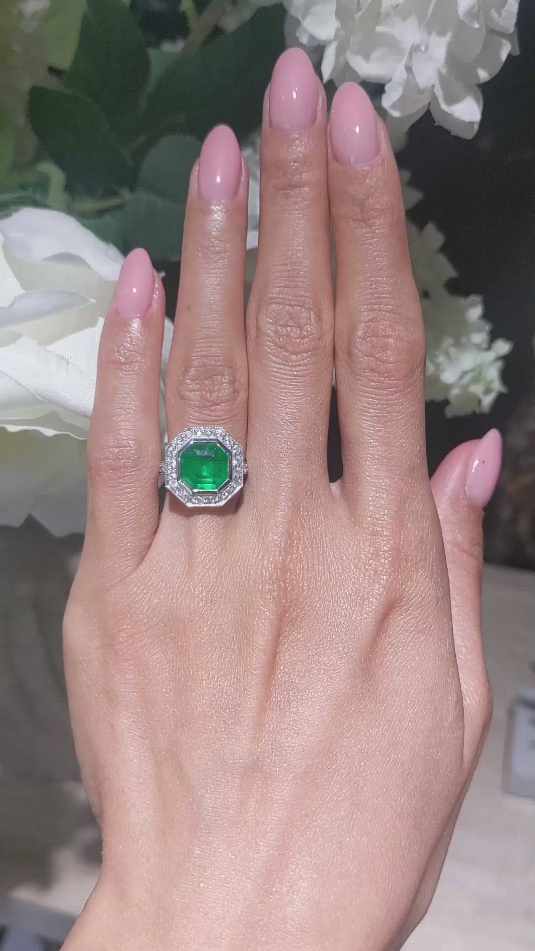 2.85 Ct. Emerald and Natural Diamond Pave Ring, Platinum 950 Size Video