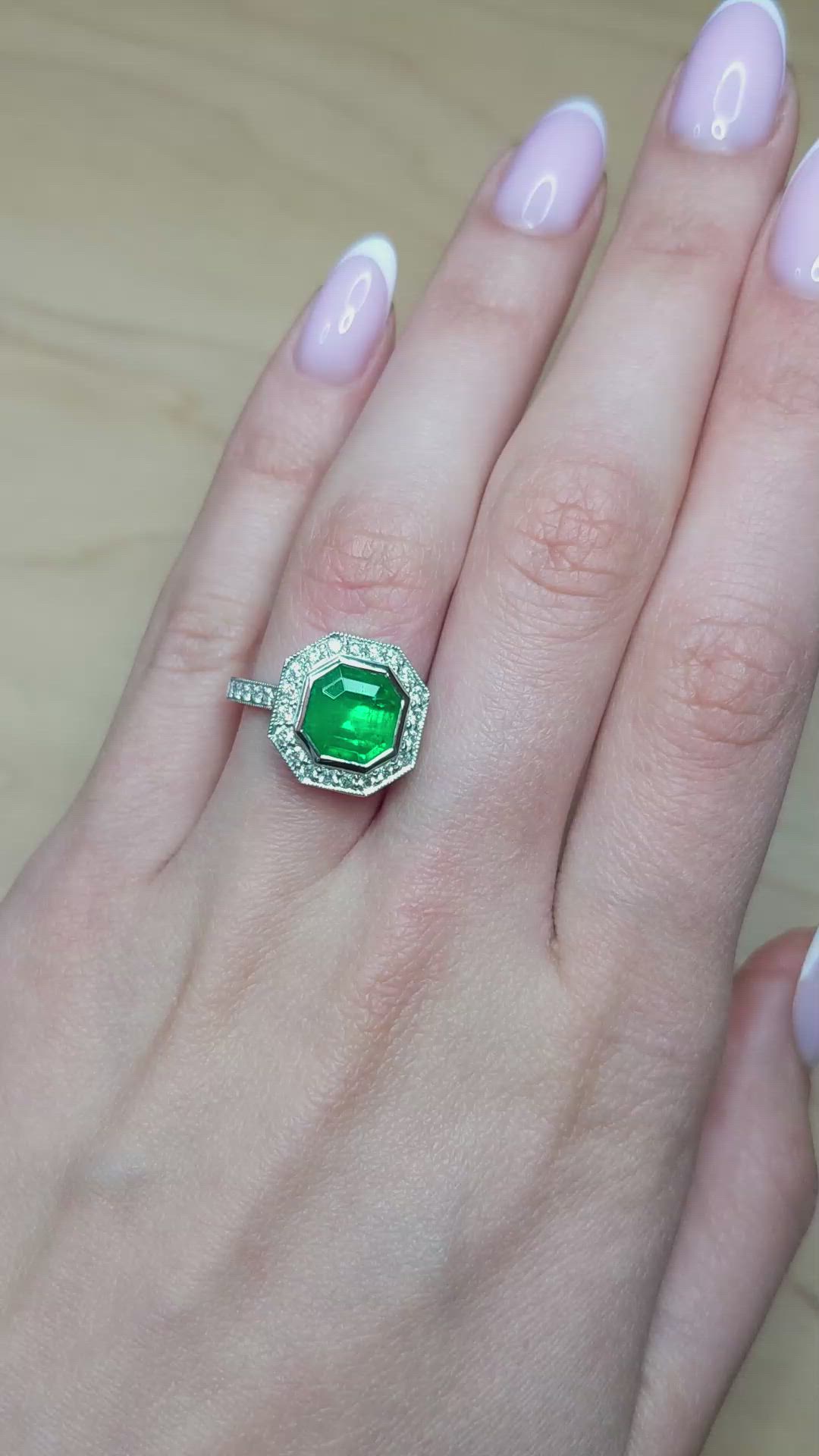 2.85 Ct. Emerald and Natural Diamond Pave Ring, Platinum 950 Size Video