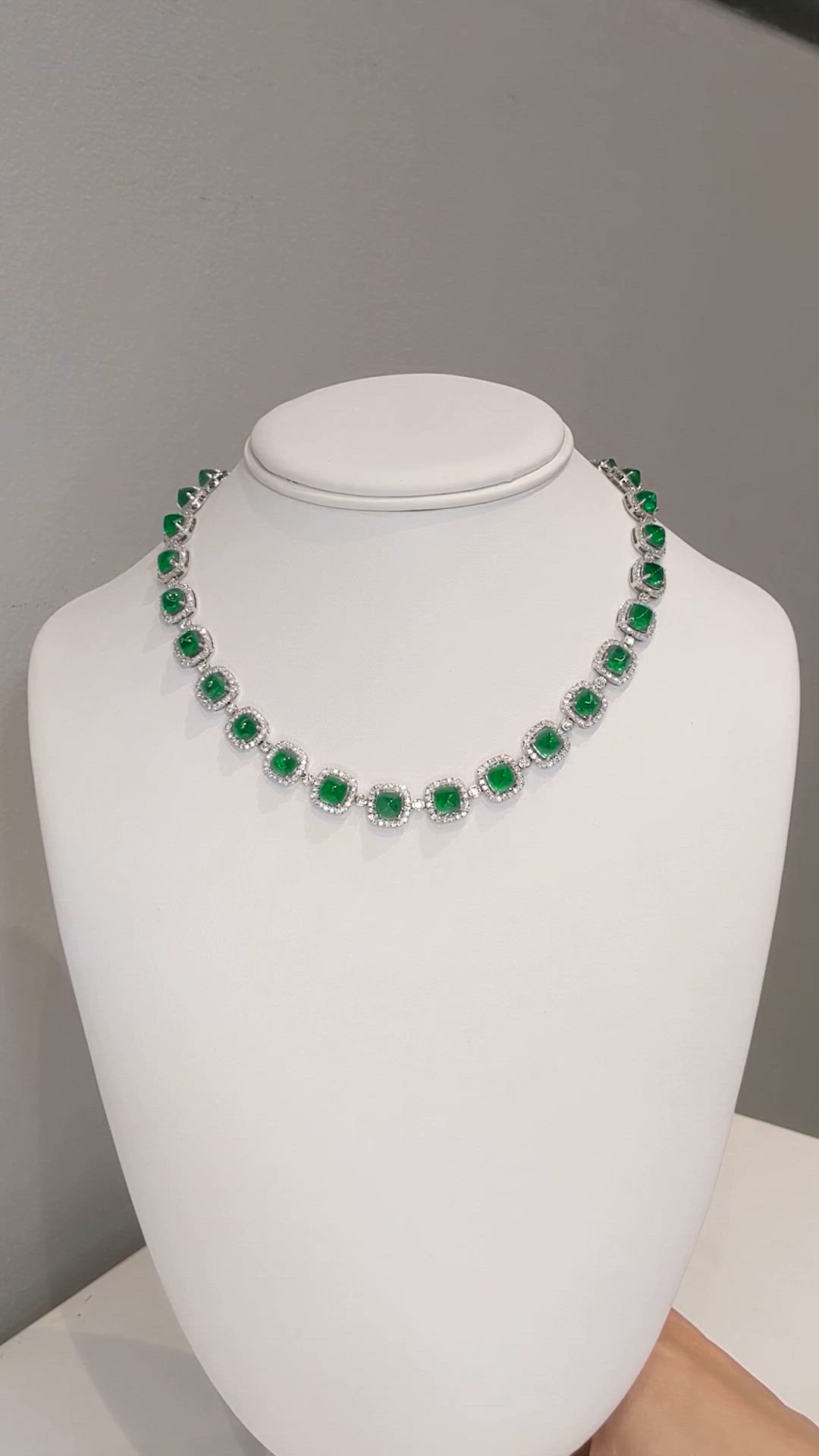 34.74 Ct. Emerald and Natural Diamond Halo Necklace, 18K White Gold Size Video