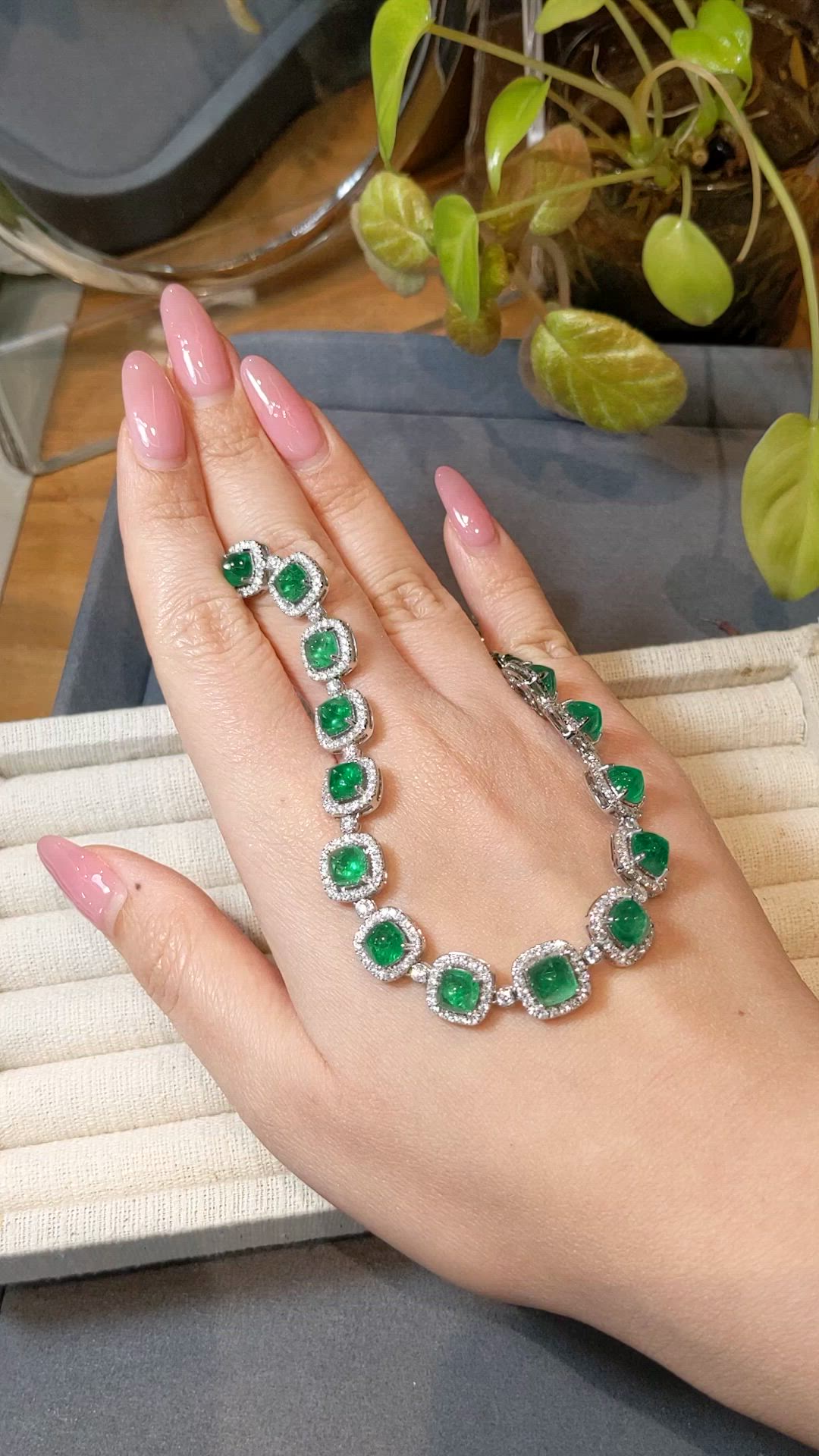 34.74 Ct. Emerald and Natural Diamond Halo Necklace, 18K White Gold Size Video