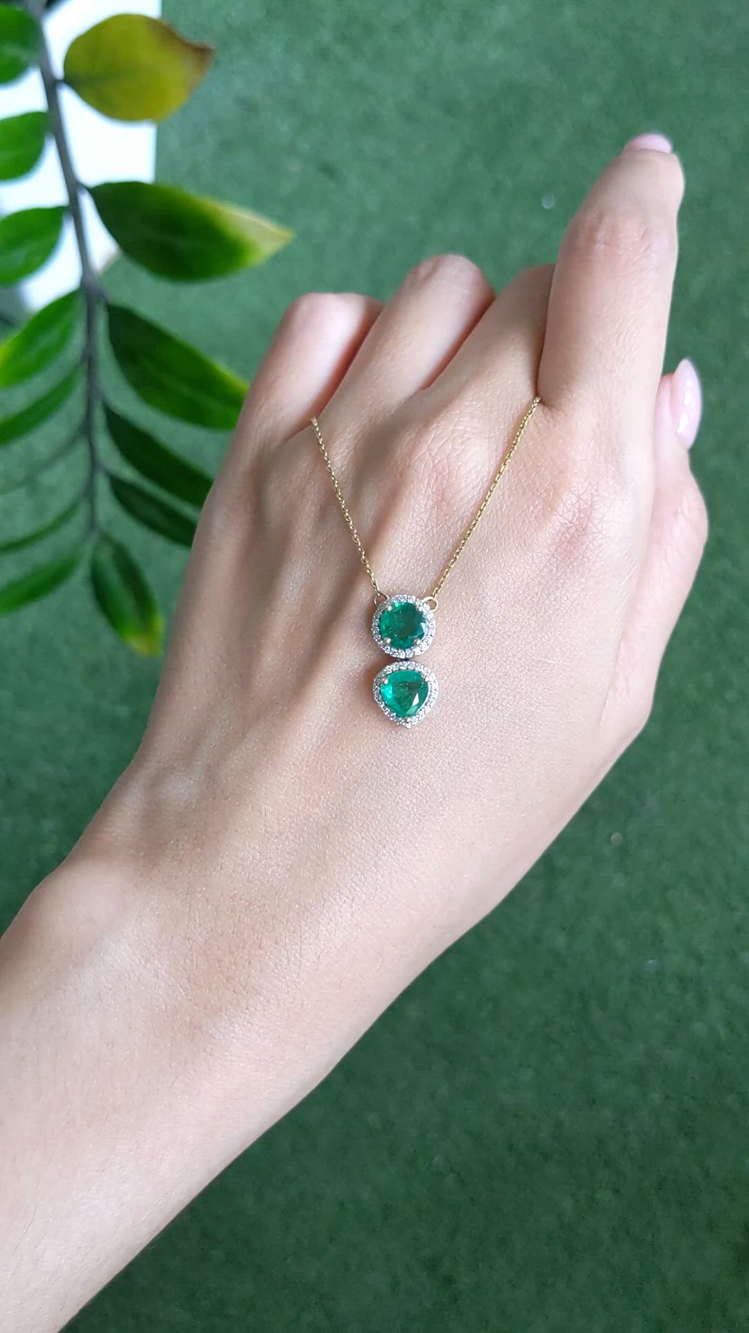 0.88 Ct. Emerald and Natural Diamond Pave Necklace, 14K Yellow Gold Size Video