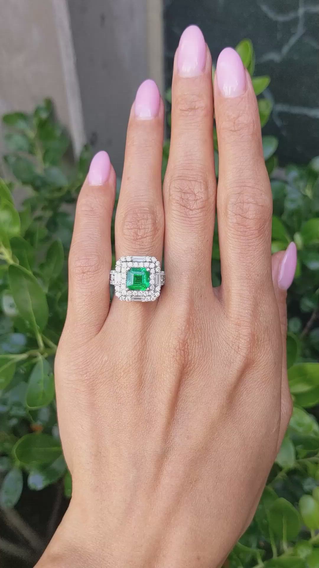 1.96 Ct. Emerald and Natural Diamond Pave Ring, 18K White Gold Size Video