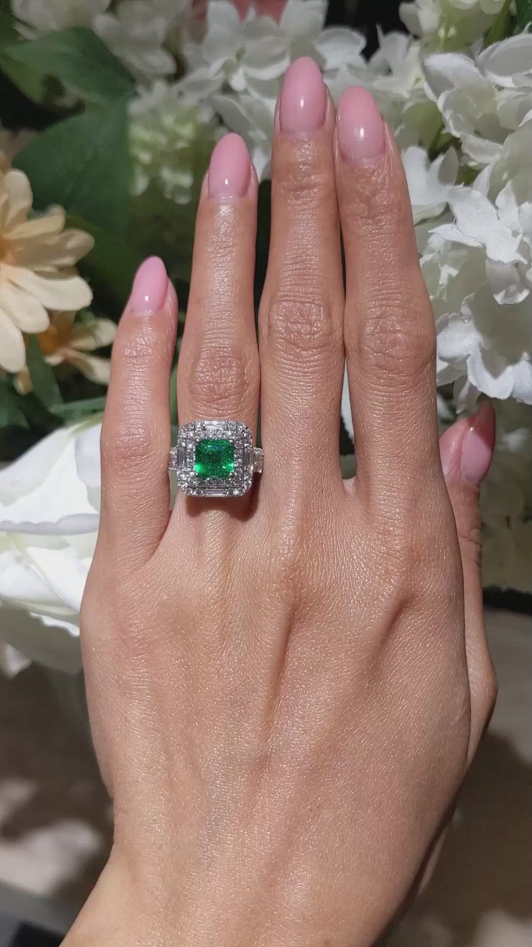 1.96 Ct. Emerald and Natural Diamond Pave Ring, 18K White Gold Size Video