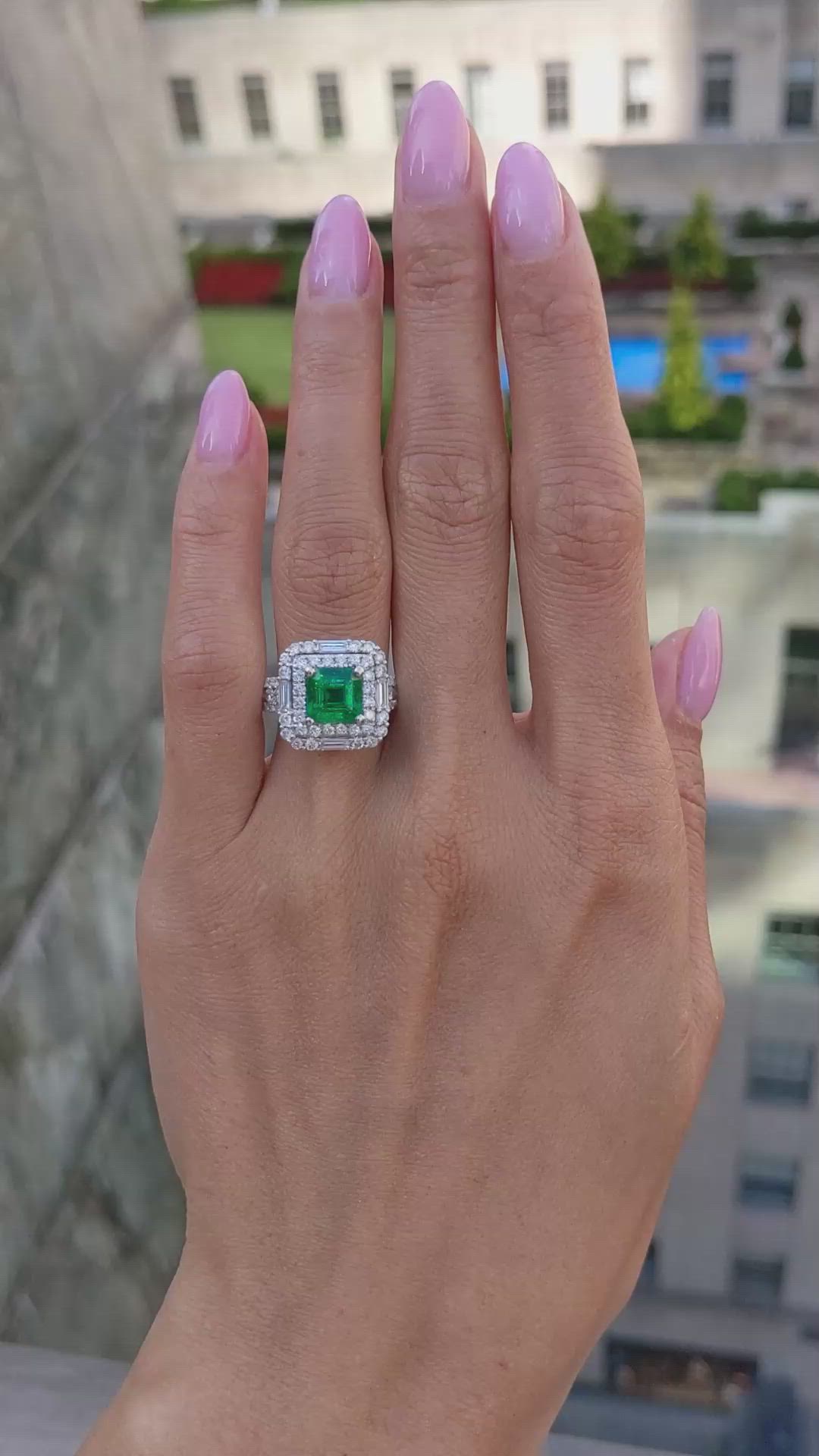 1.96 Ct. Emerald and Natural Diamond Pave Ring, 18K White Gold Size Video