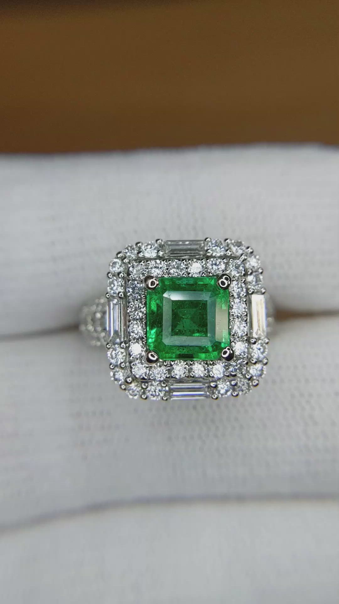 1.96 Ct. Emerald and Natural Diamond Pave Ring, 18K White Gold Size Video