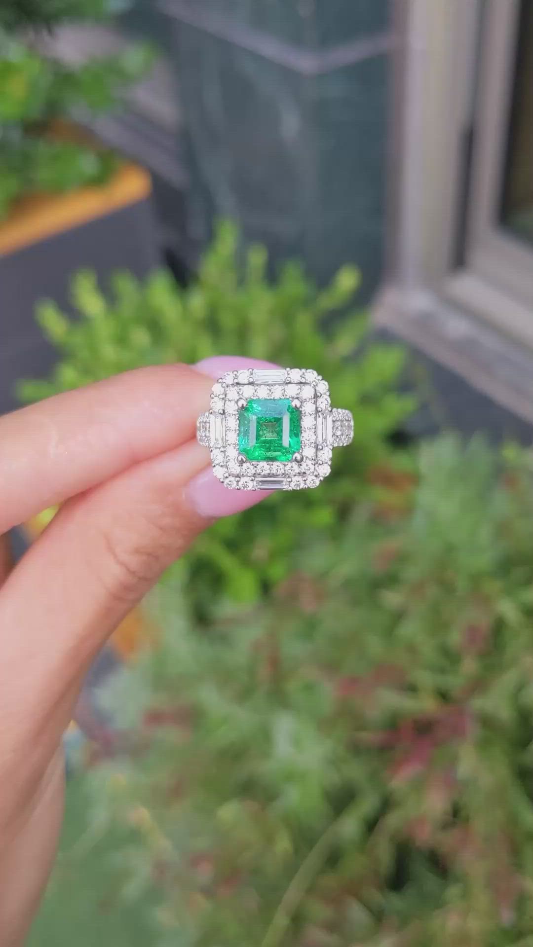 1.96 Ct. Emerald and Natural Diamond Pave Ring, 18K White Gold Size Video