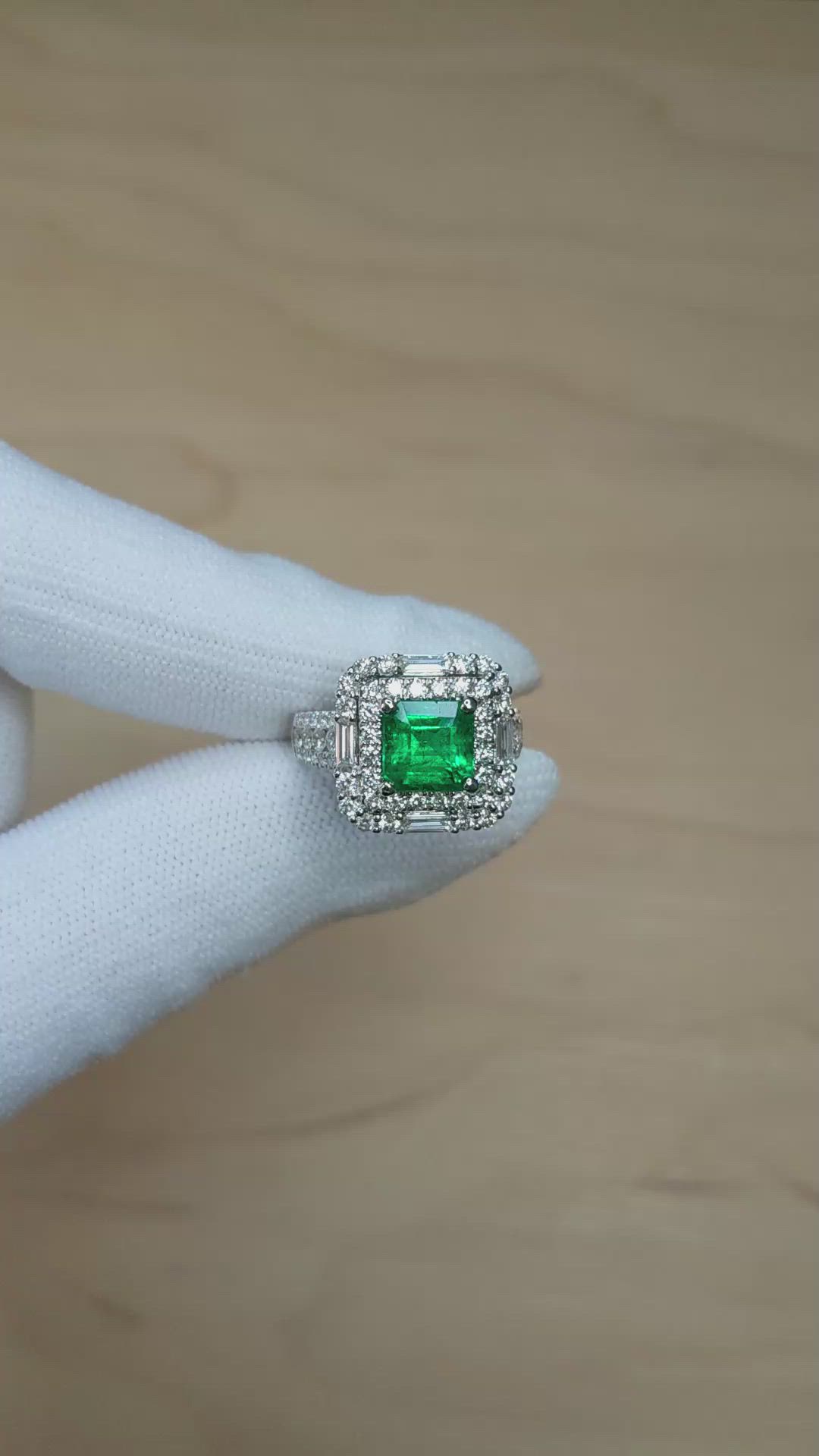1.96 Ct. Emerald and Natural Diamond Pave Ring, 18K White Gold Size Video
