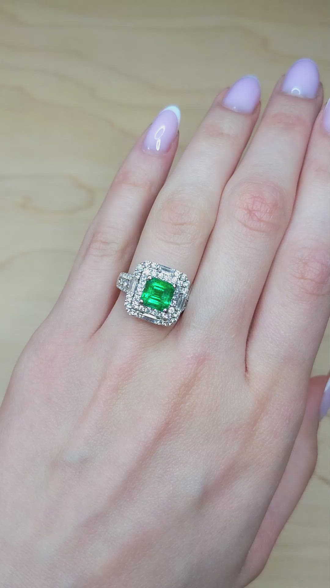1.96 Ct. Emerald and Natural Diamond Pave Ring, 18K White Gold Size Video