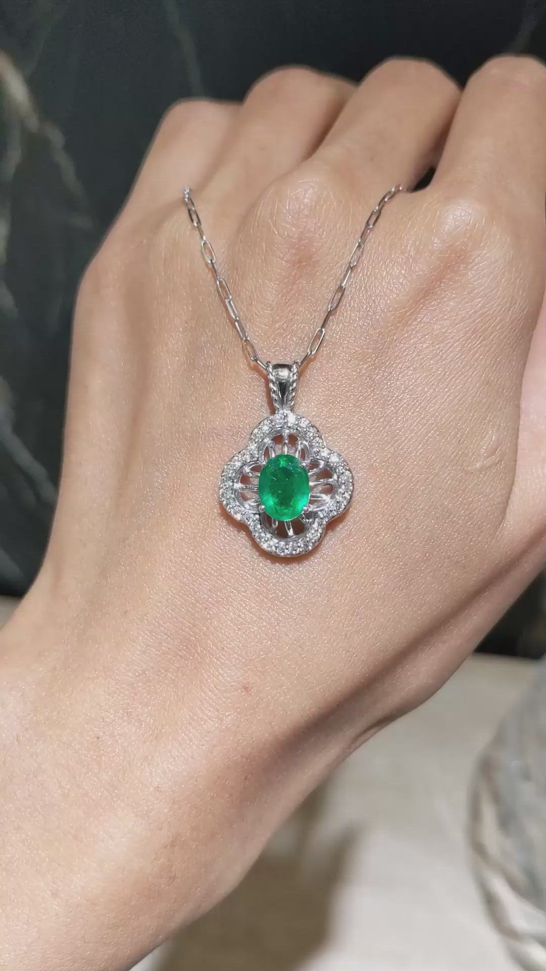 1.30 Ct. Emerald and Natural Diamond Pave Pendant, 14K White Gold Size Video