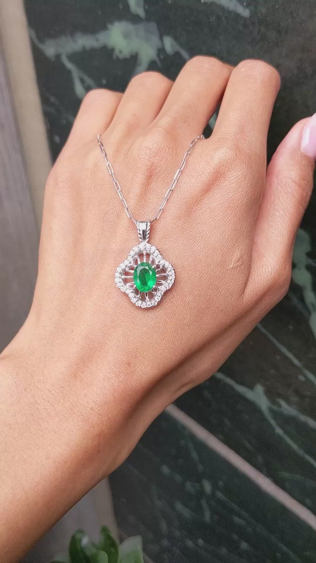 1.30 Ct. Emerald and Natural Diamond Pave Pendant, 14K White Gold Size Video