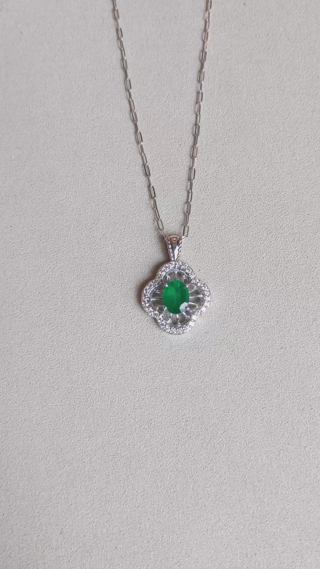 1.30 Ct. Emerald and Natural Diamond Pave Pendant, 14K White Gold Size Video
