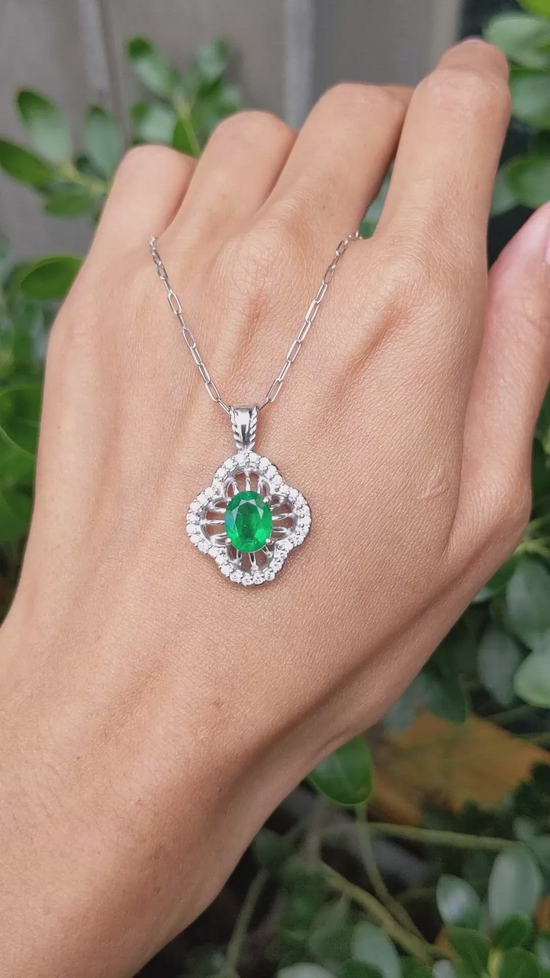 1.30 Ct. Emerald and Natural Diamond Pave Pendant, 14K White Gold Size Video