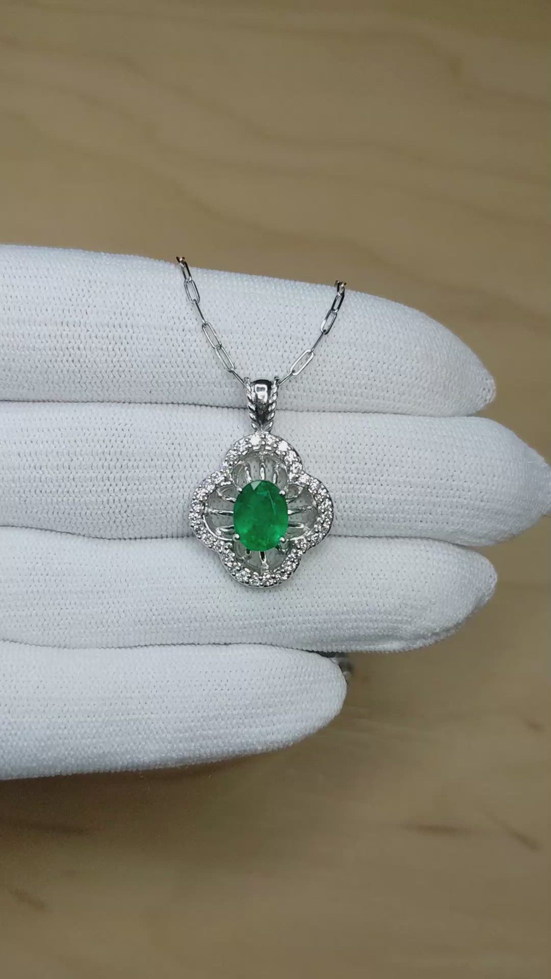 1.30 Ct. Emerald and Natural Diamond Pave Pendant, 14K White Gold Size Video