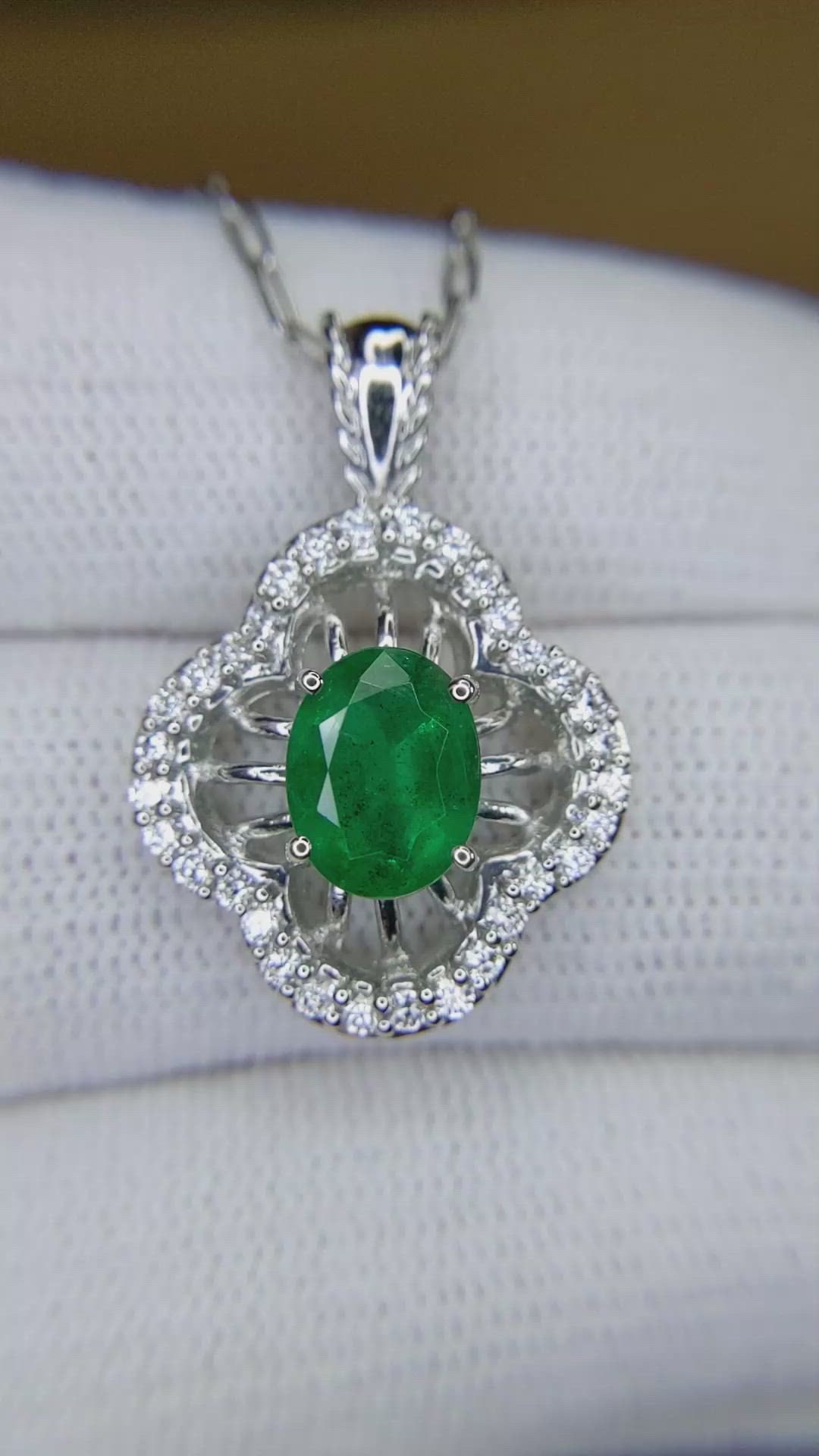 1.30 Ct. Emerald and Natural Diamond Pave Pendant, 14K White Gold Size Video