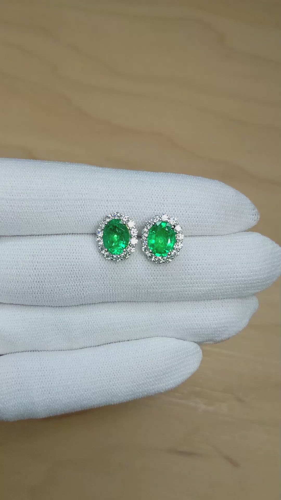 3.17&nbsp;Ct.Tw.Total Carat Weight Emerald and Natural Diamond Pave Earrings, 18K White Gold Size Video