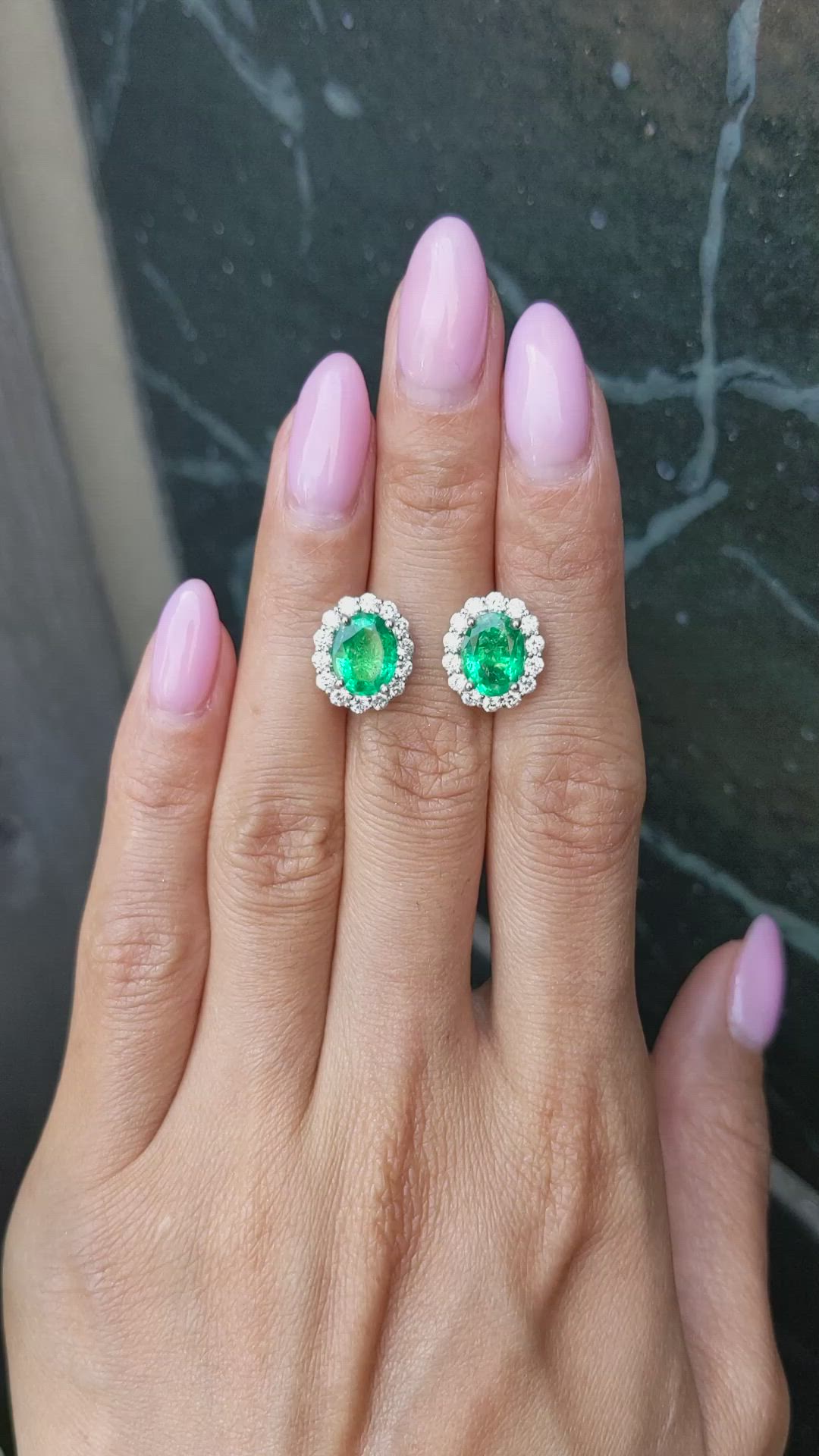 3.17&nbsp;Ct.Tw.Total Carat Weight Emerald and Natural Diamond Pave Earrings, 18K White Gold Size Video