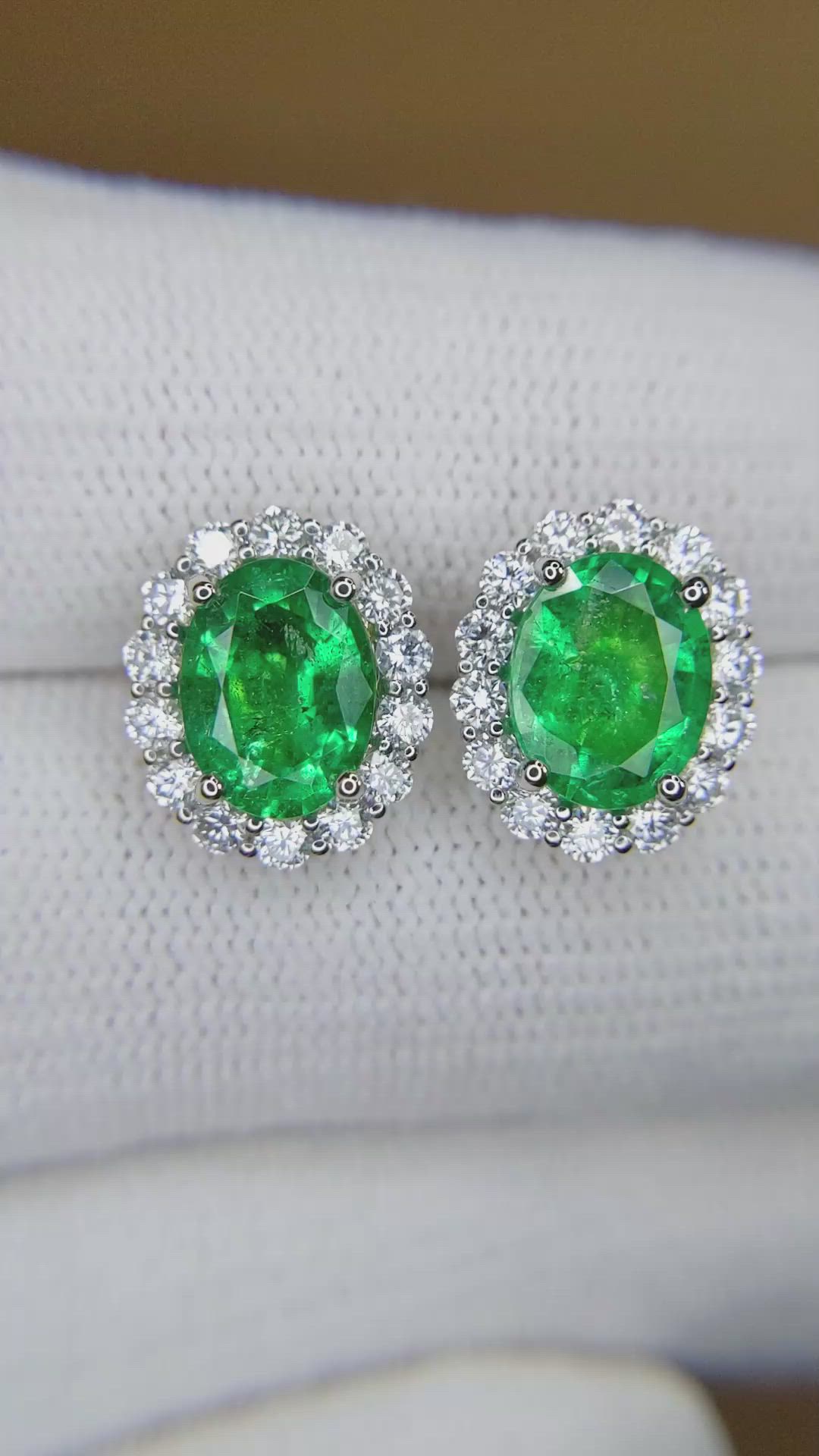 3.17&nbsp;Ct.Tw.Total Carat Weight Emerald and Natural Diamond Pave Earrings, 18K White Gold Size Video