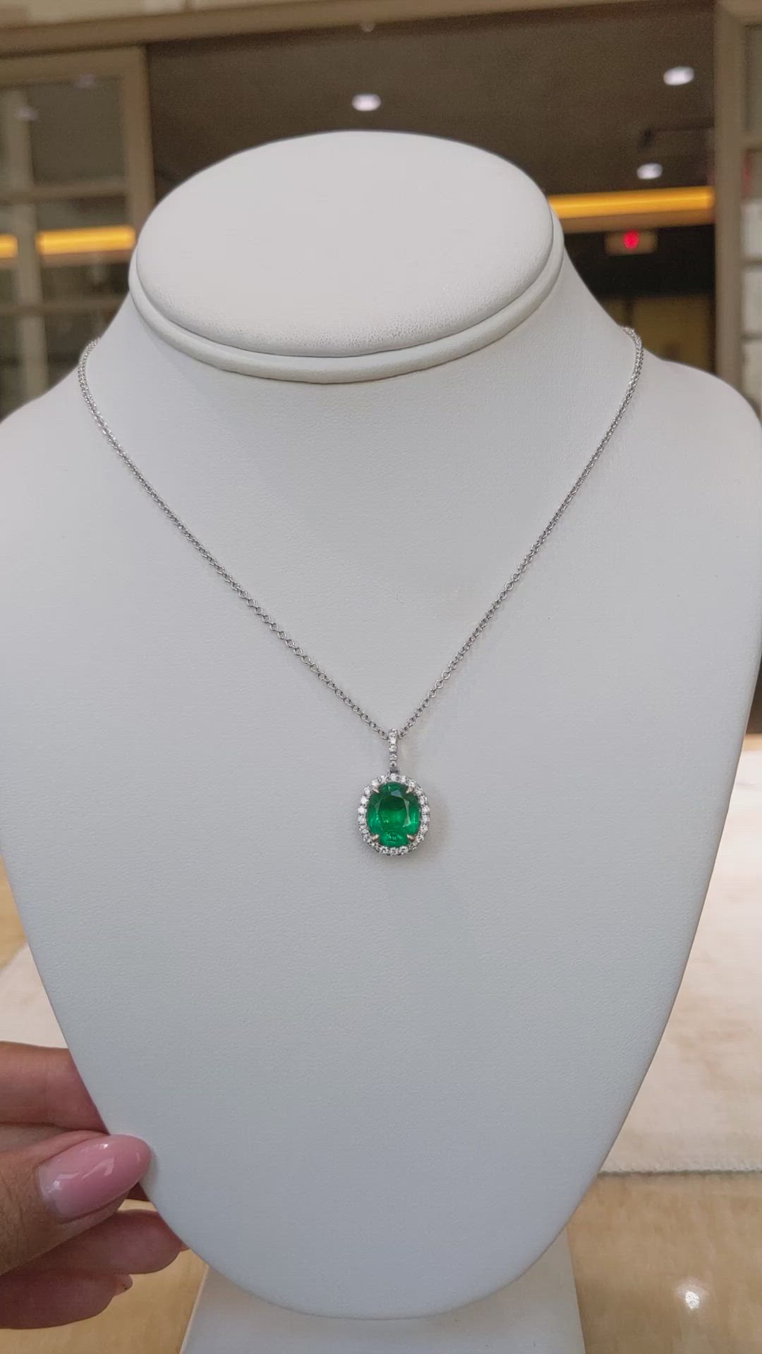 3.06 Ct. Emerald and Natural Diamond Pave Pendant, 18K White & Yellow Size Video