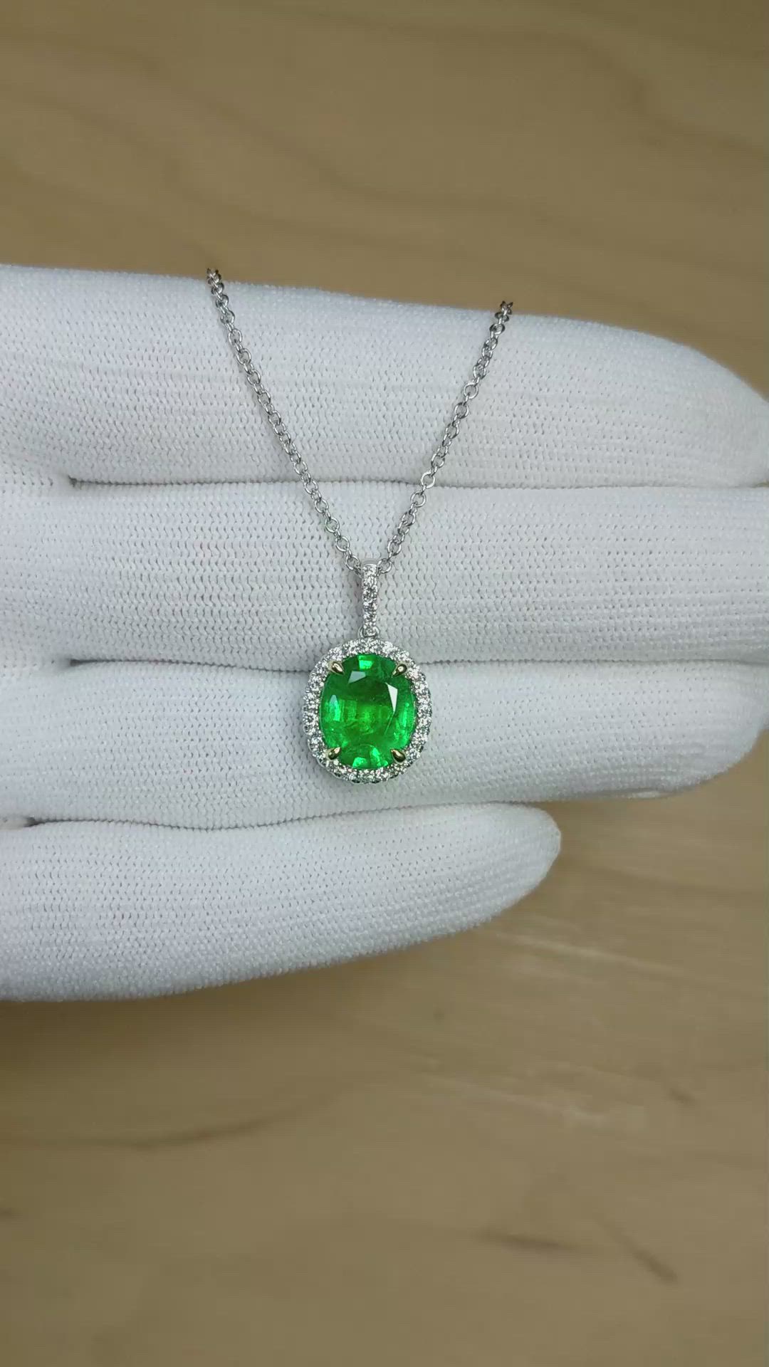 3.06 Ct. Emerald and Natural Diamond Pave Pendant, 18K White & Yellow Size Video