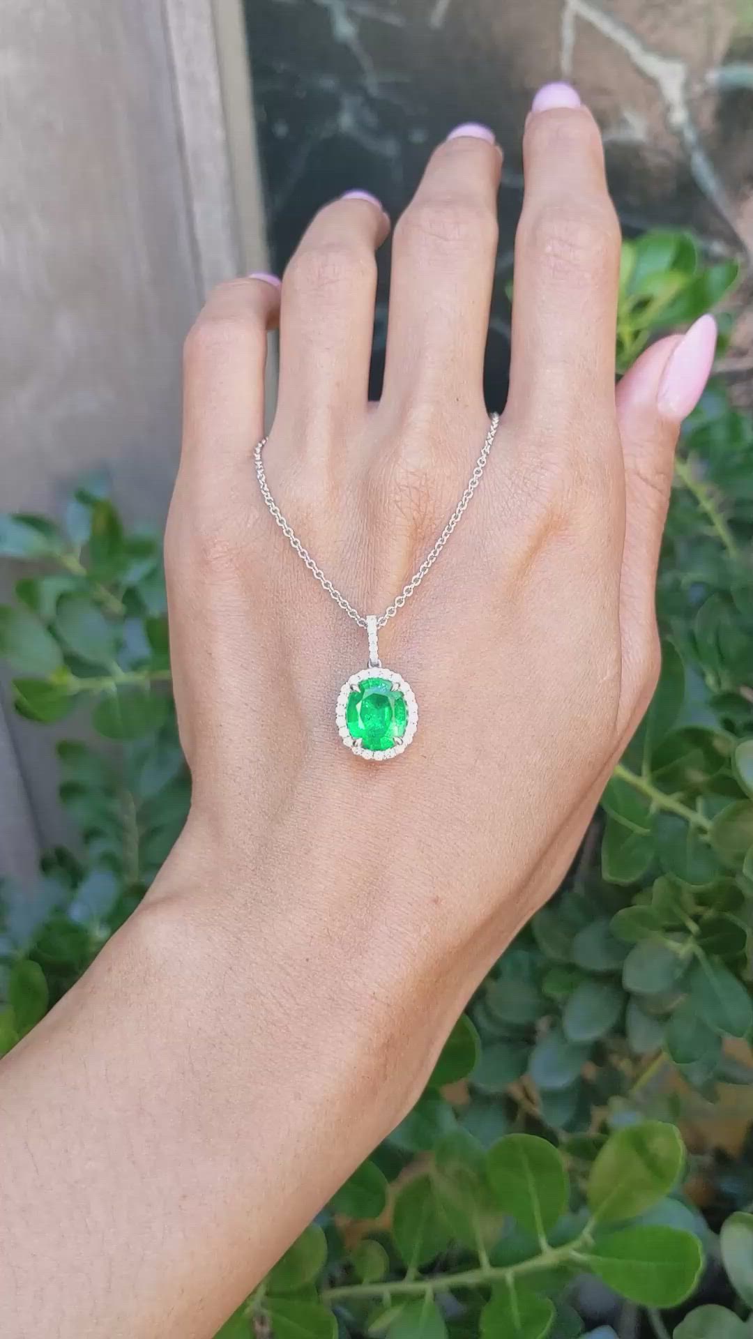 3.06 Ct. Emerald and Natural Diamond Pave Pendant, 18K White & Yellow Size Video