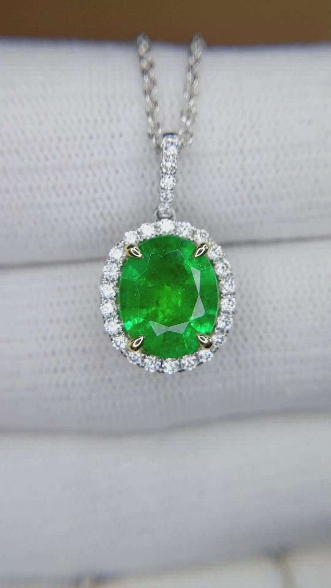 3.06 Ct. Emerald and Natural Diamond Pave Pendant, 18K White & Yellow Size Video