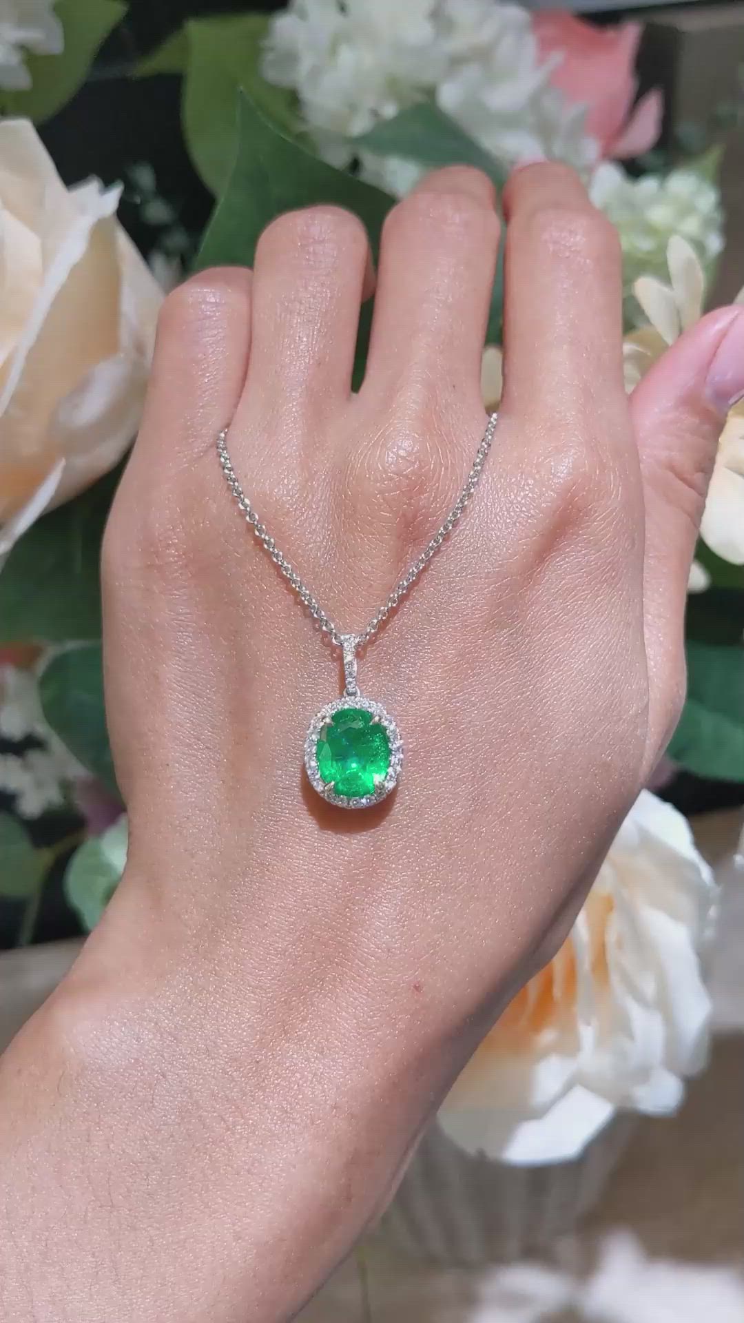 3.06 Ct. Emerald and Natural Diamond Pave Pendant, 18K White & Yellow Size Video