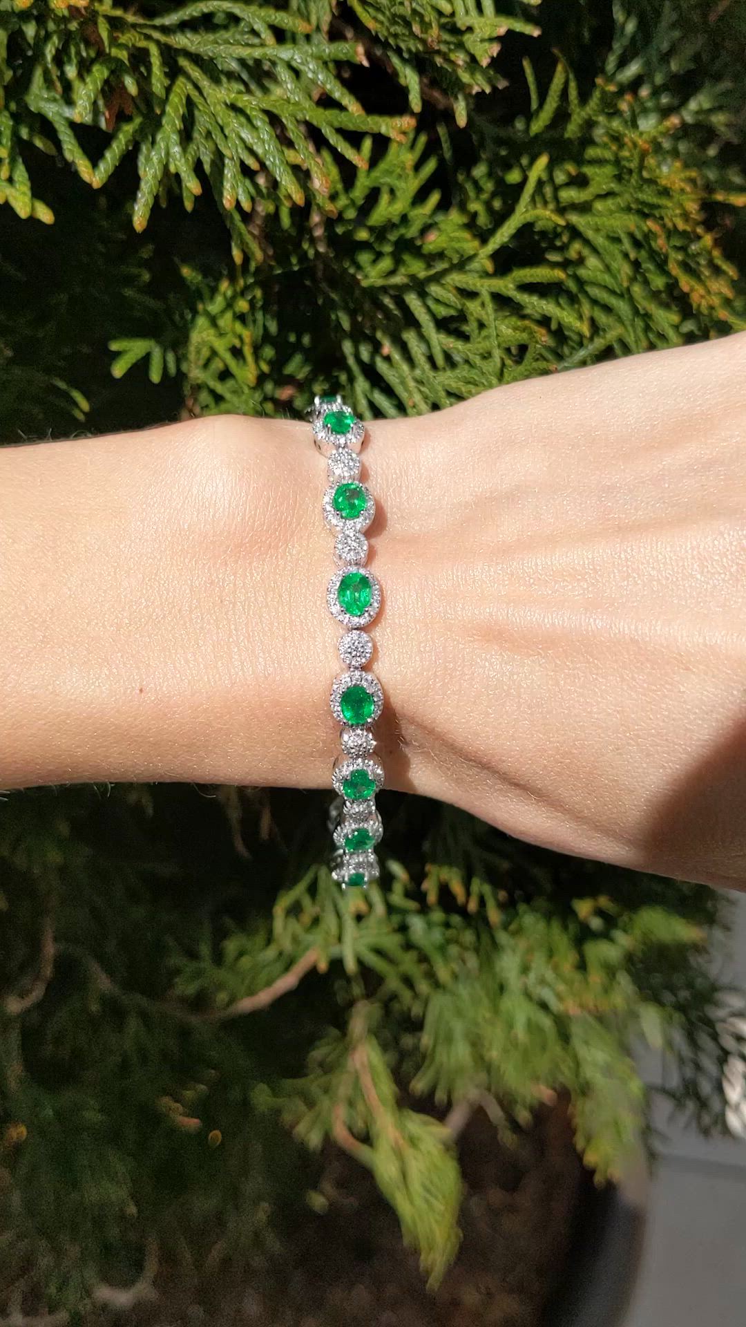 4.82 Ct.Tw.Total Carat Weight Emerald and Natural Diamond Pave Bracelet, 18K White Gold Size Video