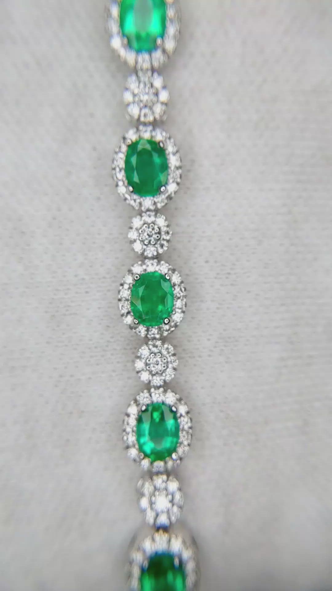 4.82 Ct.Tw.Total Carat Weight Emerald and Natural Diamond Pave Bracelet, 18K White Gold Size Video