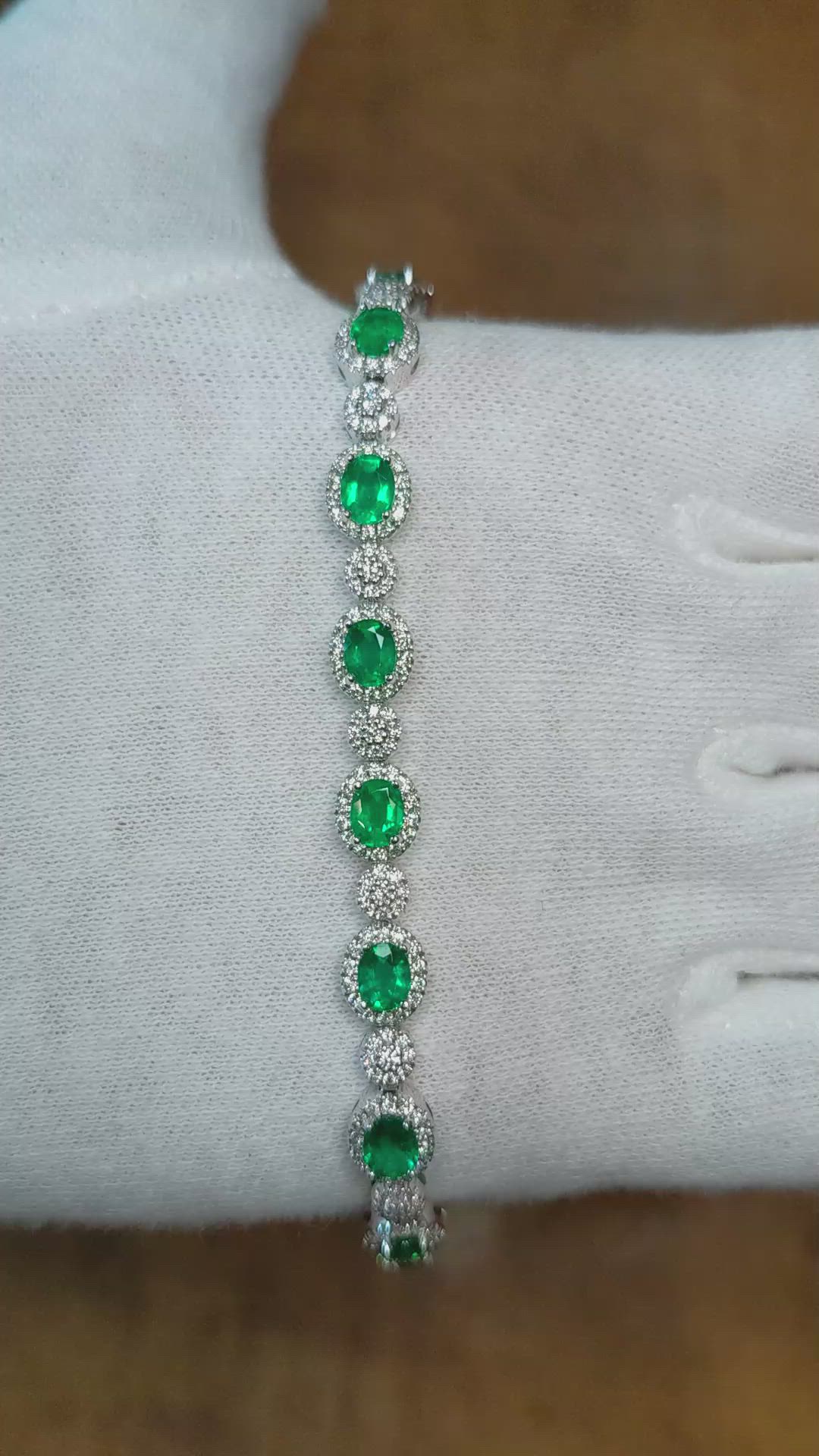 4.82 Ct.Tw.Total Carat Weight Emerald and Natural Diamond Pave Bracelet, 18K White Gold Size Video