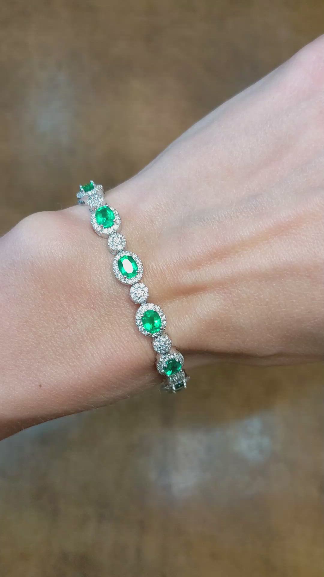 4.82 Ct.Tw.Total Carat Weight Emerald and Natural Diamond Pave Bracelet, 18K White Gold Size Video
