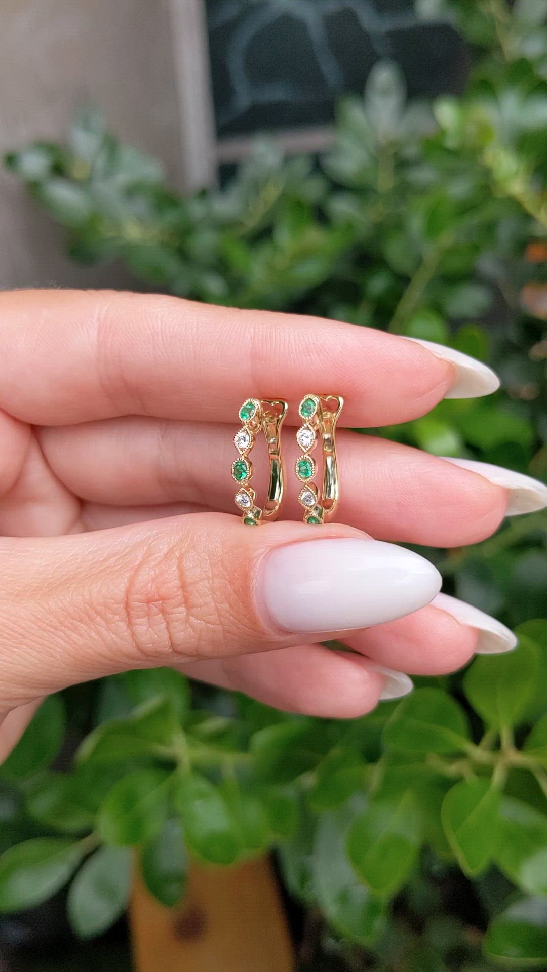 0.18&nbsp;Ct.Tw.Total Carat Weight Emerald and Natural Diamond Pave Earrings, 18K Yellow Gold Size Video