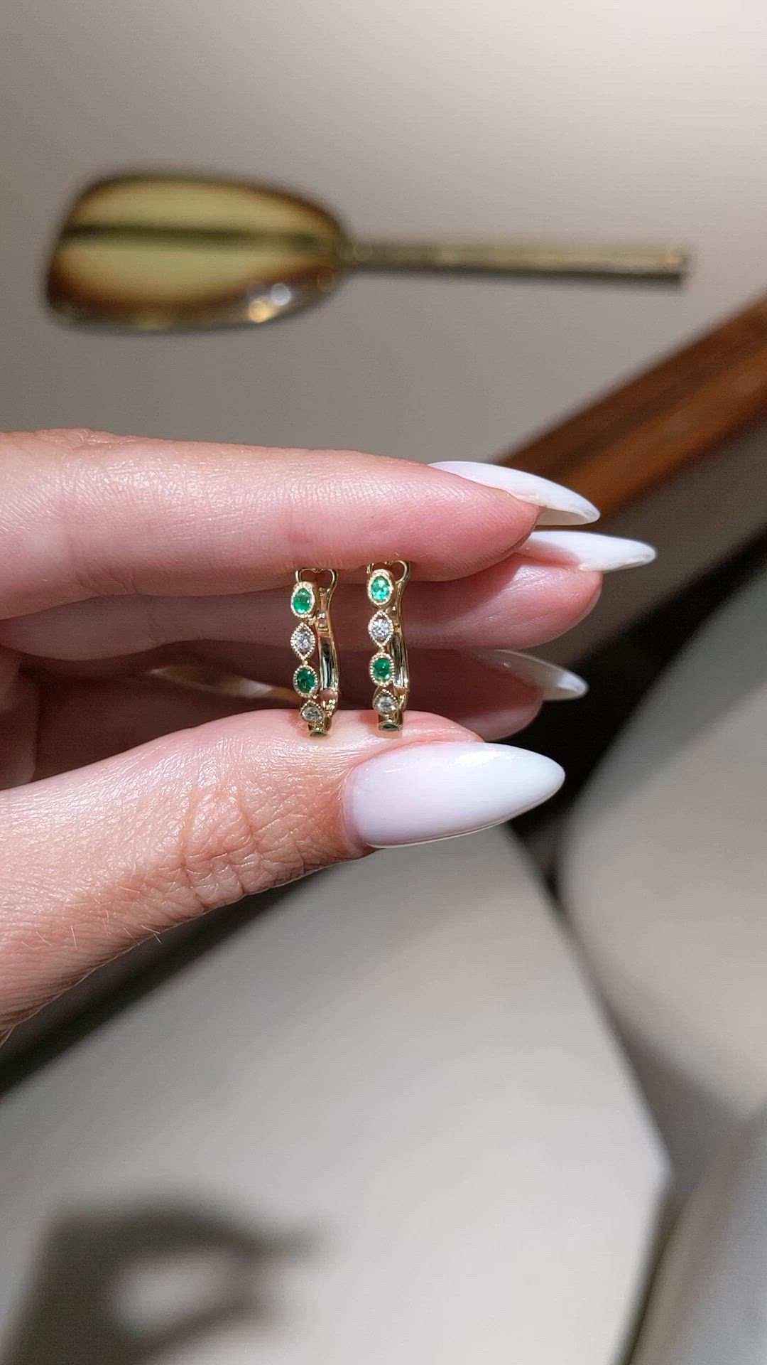 0.18&nbsp;Ct.Tw.Total Carat Weight Emerald and Natural Diamond Pave Earrings, 18K Yellow Gold Size Video