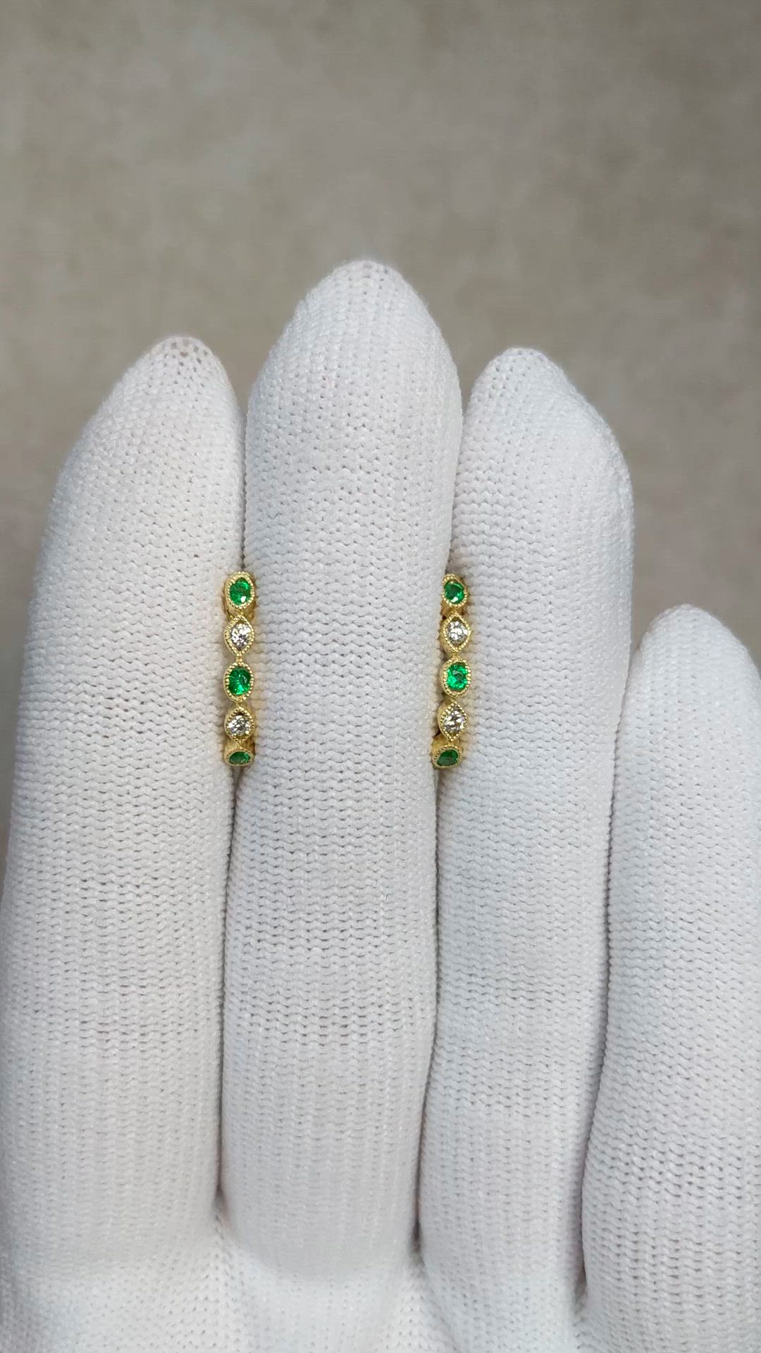 0.18&nbsp;Ct.Tw.Total Carat Weight Emerald and Natural Diamond Pave Earrings, 18K Yellow Gold Size Video