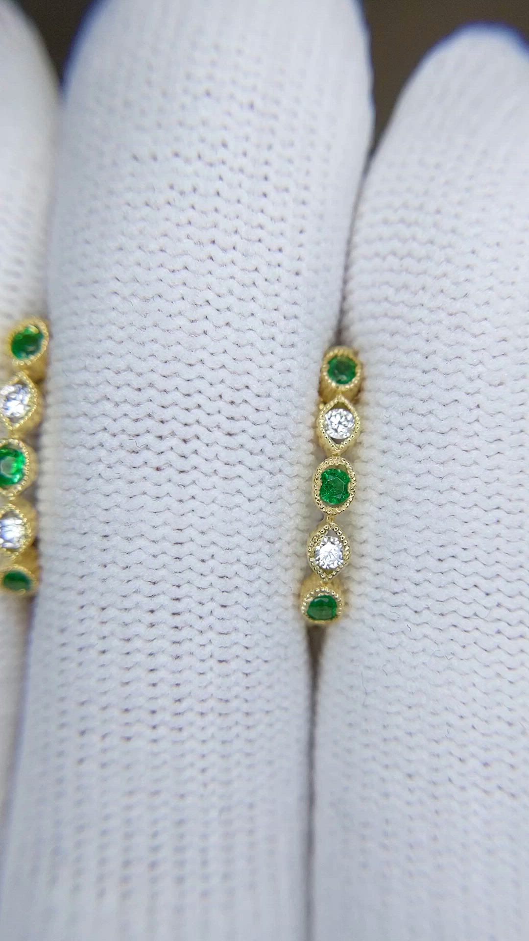 0.18&nbsp;Ct.Tw.Total Carat Weight Emerald and Natural Diamond Pave Earrings, 18K Yellow Gold Size Video