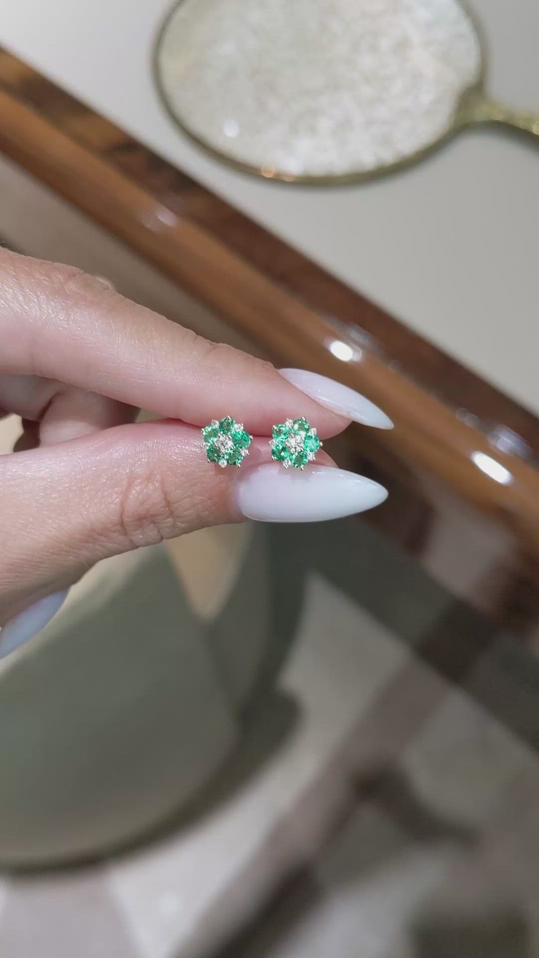 0.61&nbsp;Ct.Tw.Total Carat Weight Emerald and Natural Diamond Studs Earrings, 18K Yellow Gold Size Video